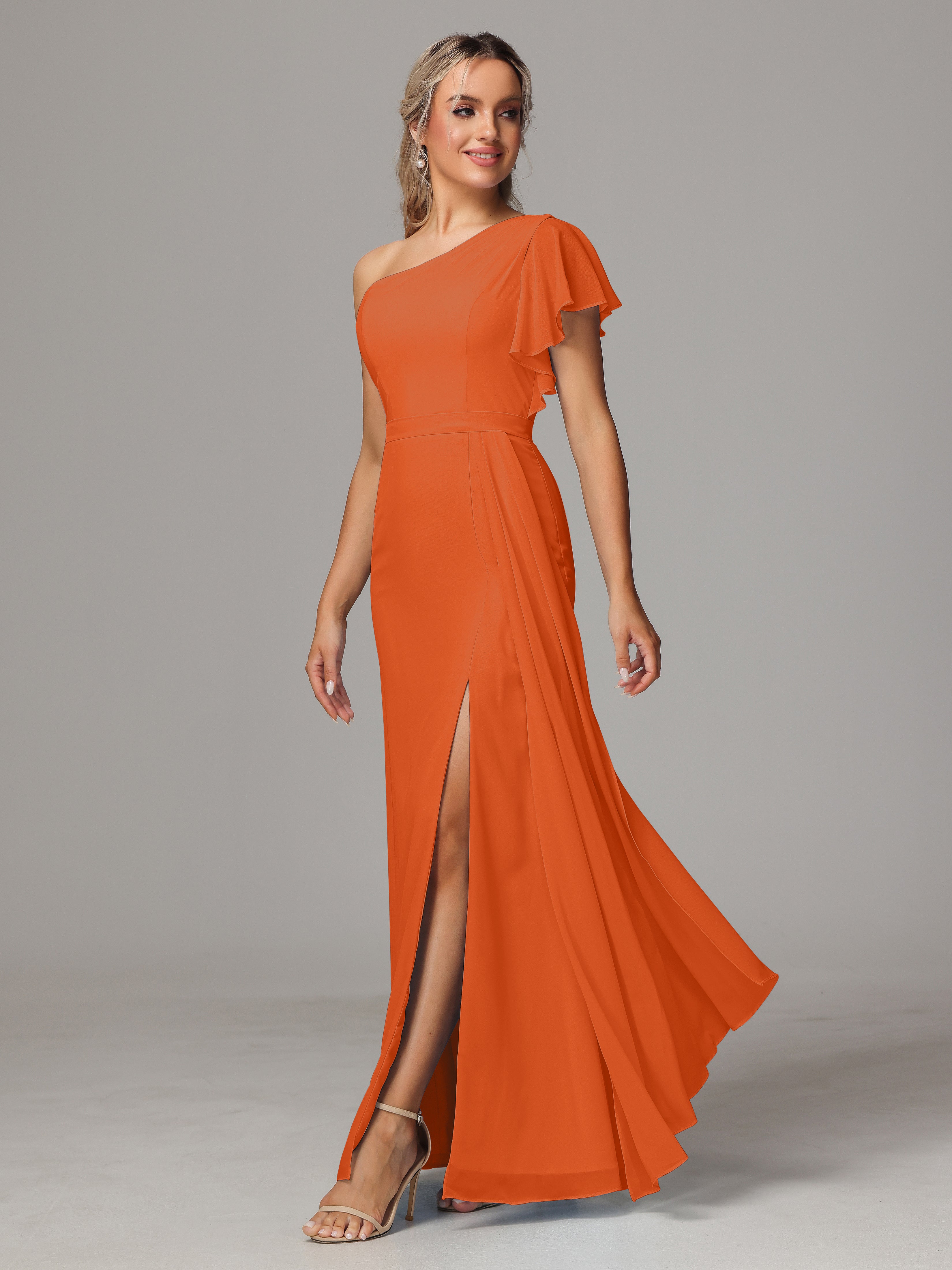 Robes De Demoiselle D'Honneur Orange Brûlé Fourreau Seule Épaule Fendue Devant Mousseline Robe Demoiselle D'Honneur