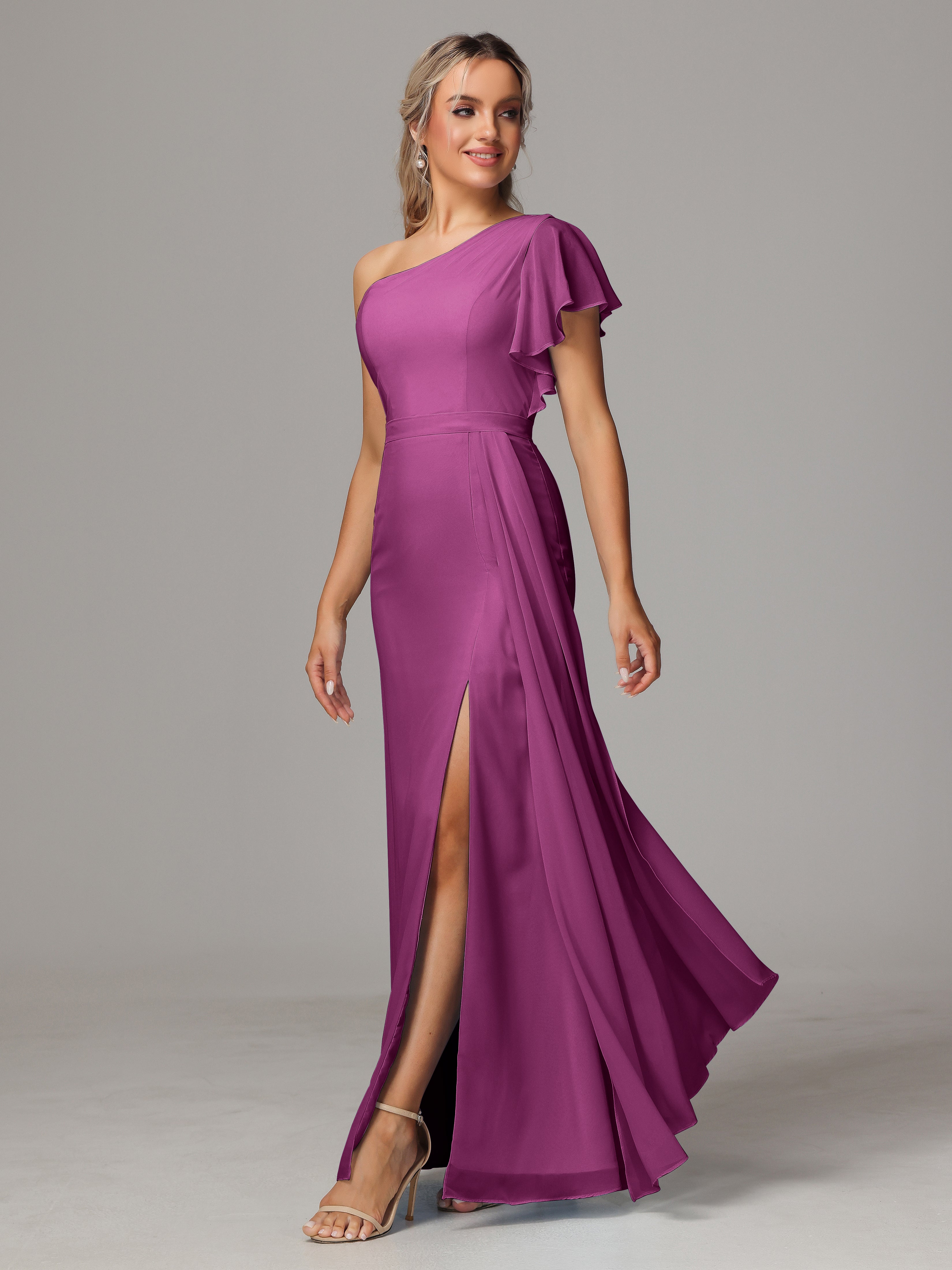 Robes De Demoiselle D'Honneur Orchidée Fourreau Seule Épaule Fendue Mousseline Robe Demoiselle D'Honneur