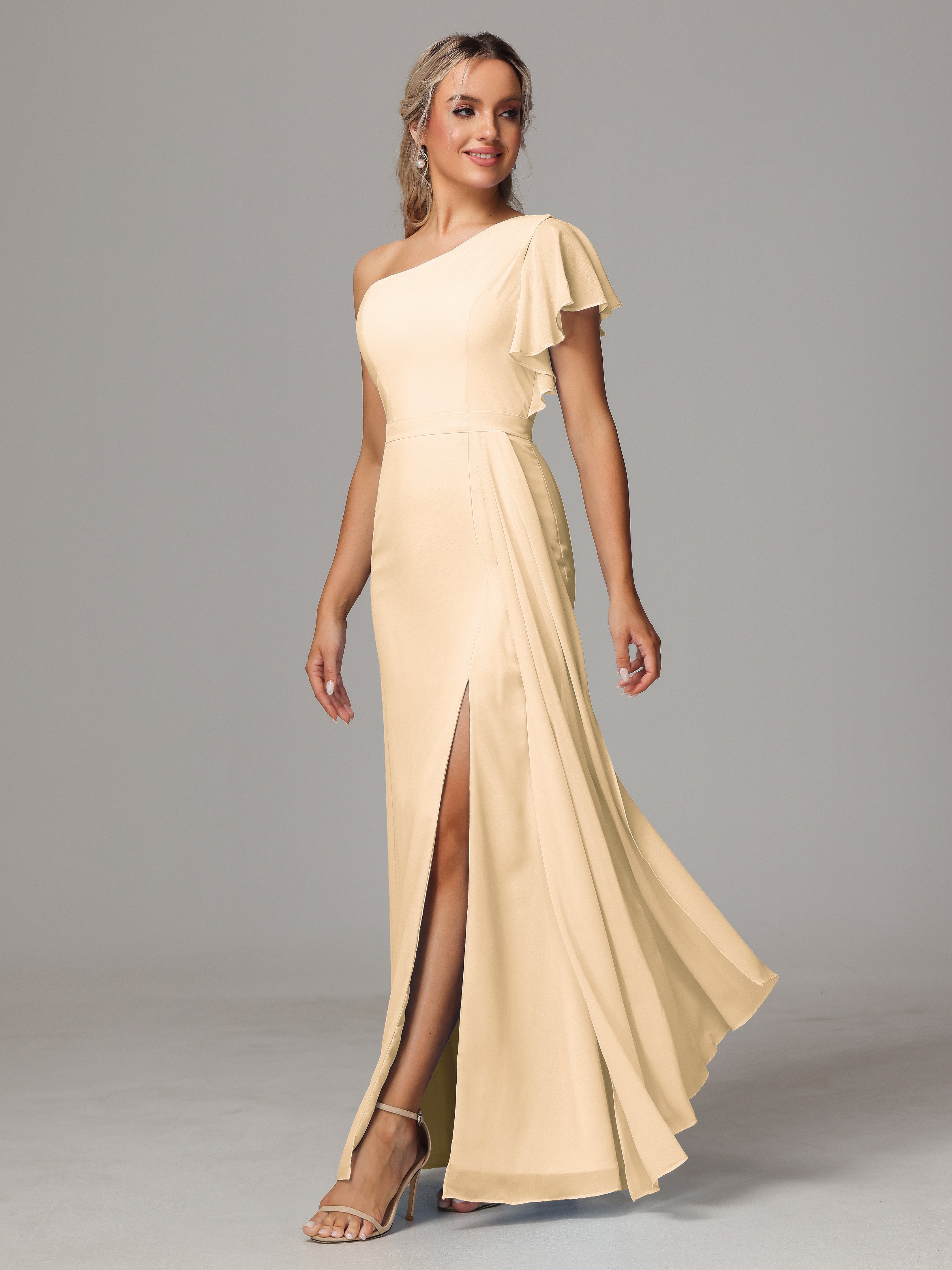 Robe De Demoiselle D Honneur Couleur Peche Fourreau Seule Épaule Fendue Mousseline Robe Demoiselle D'Honneur
