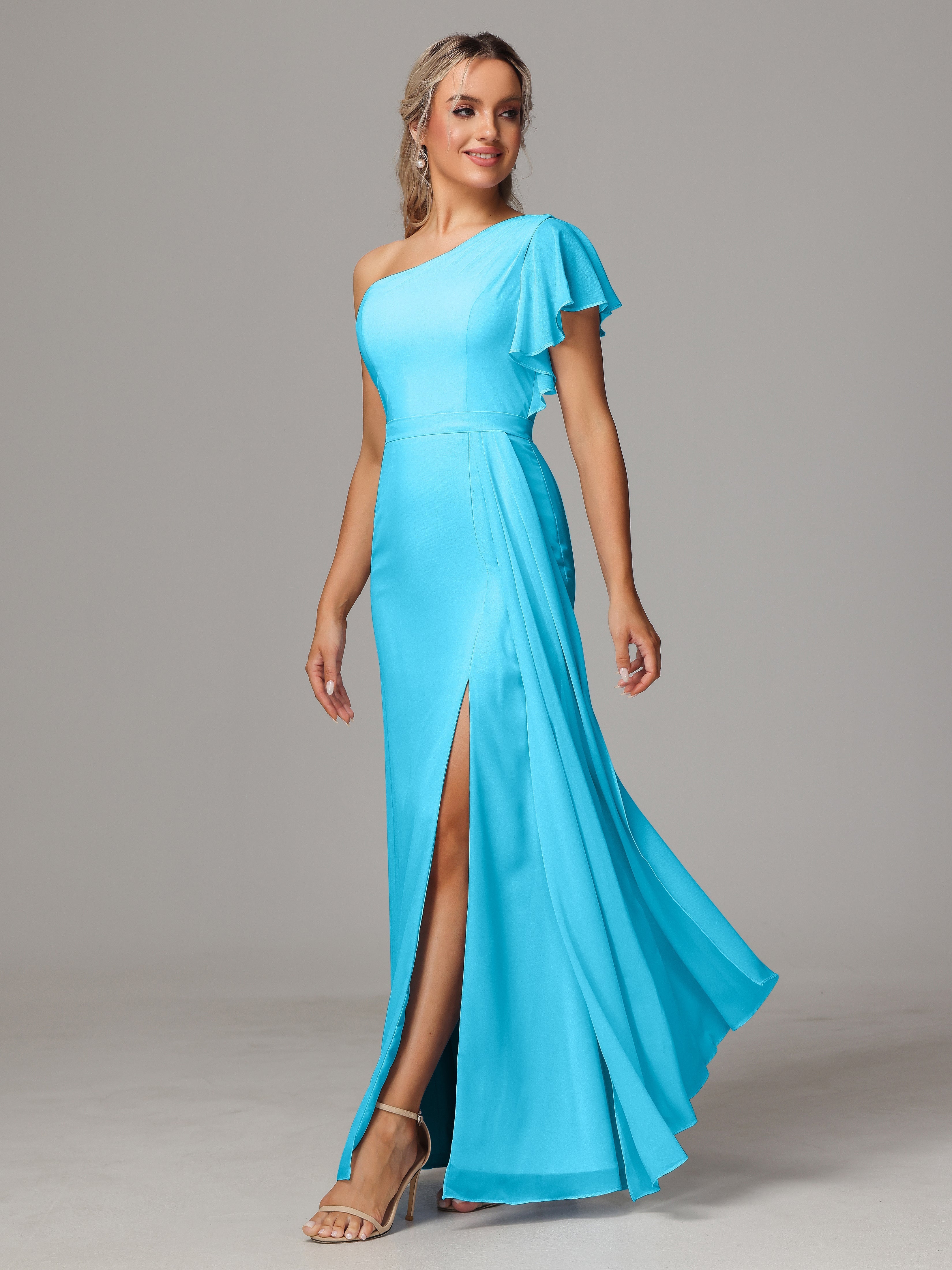 Robe De Demoiselle D'Honneur En Piscine Fourreau Seule Épaule Fendue Mousseline Robe Demoiselle D'Honneur