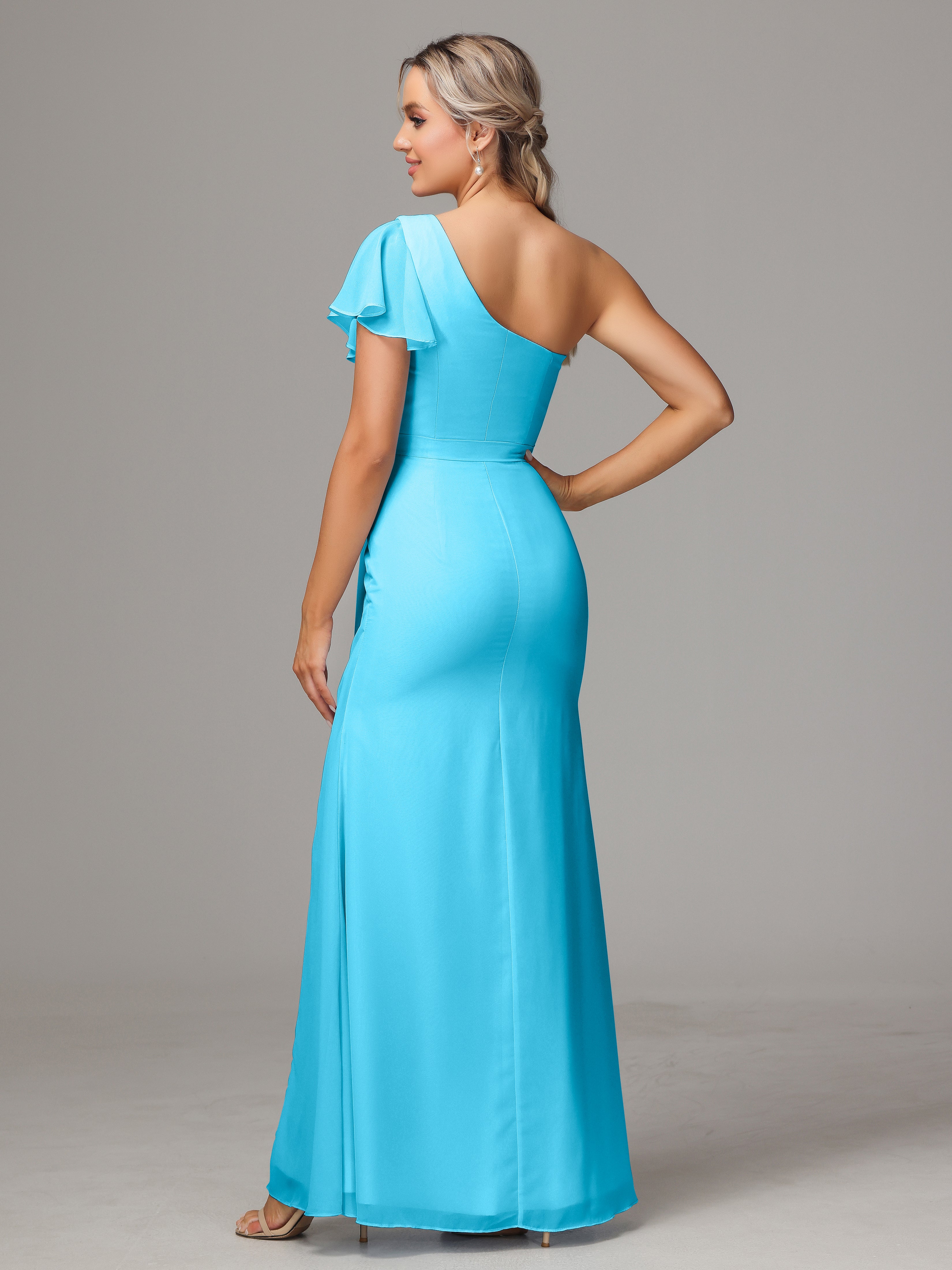 Robe De Demoiselle D'Honneur En Piscine Fourreau Seule Épaule Fendue Mousseline Robe Demoiselle D'Honneur