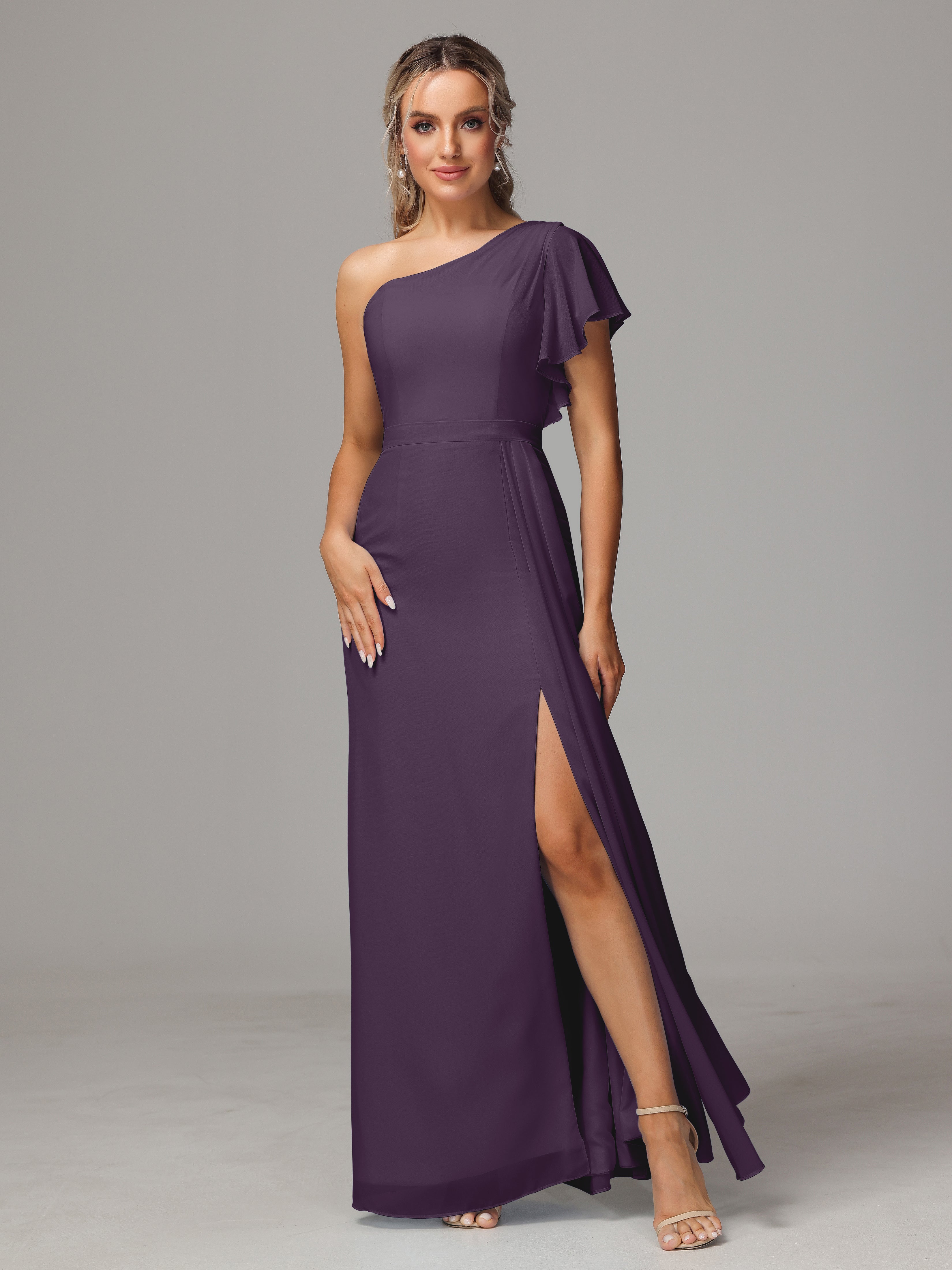 Robe De Demoiselle D'Honneur En Plum Fourreau Seule Épaule Fendue Mousseline Robe Demoiselle D'Honneur