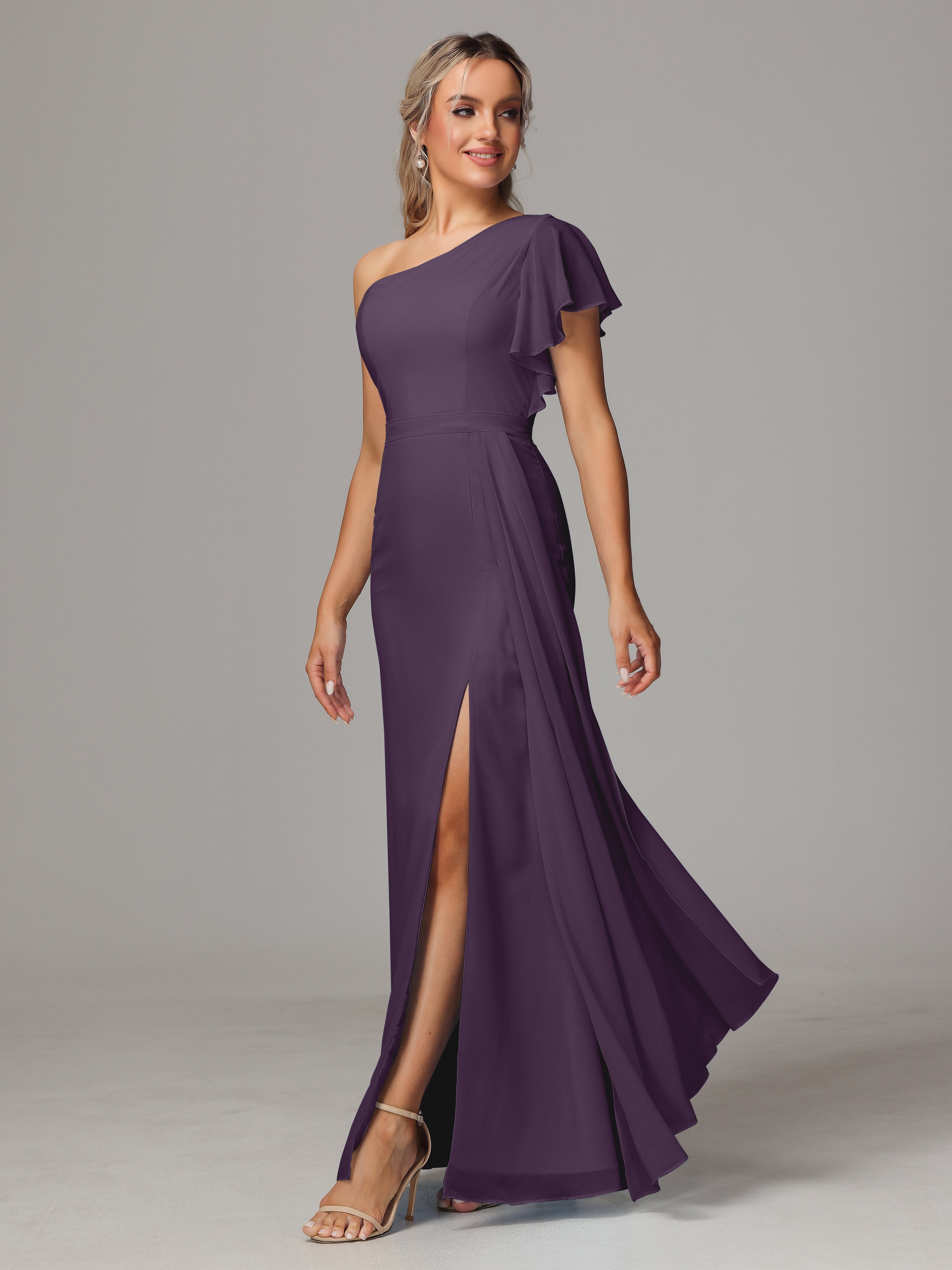 Robe De Demoiselle D'Honneur En Plum Fourreau Seule Épaule Fendue Mousseline Robe Demoiselle D'Honneur