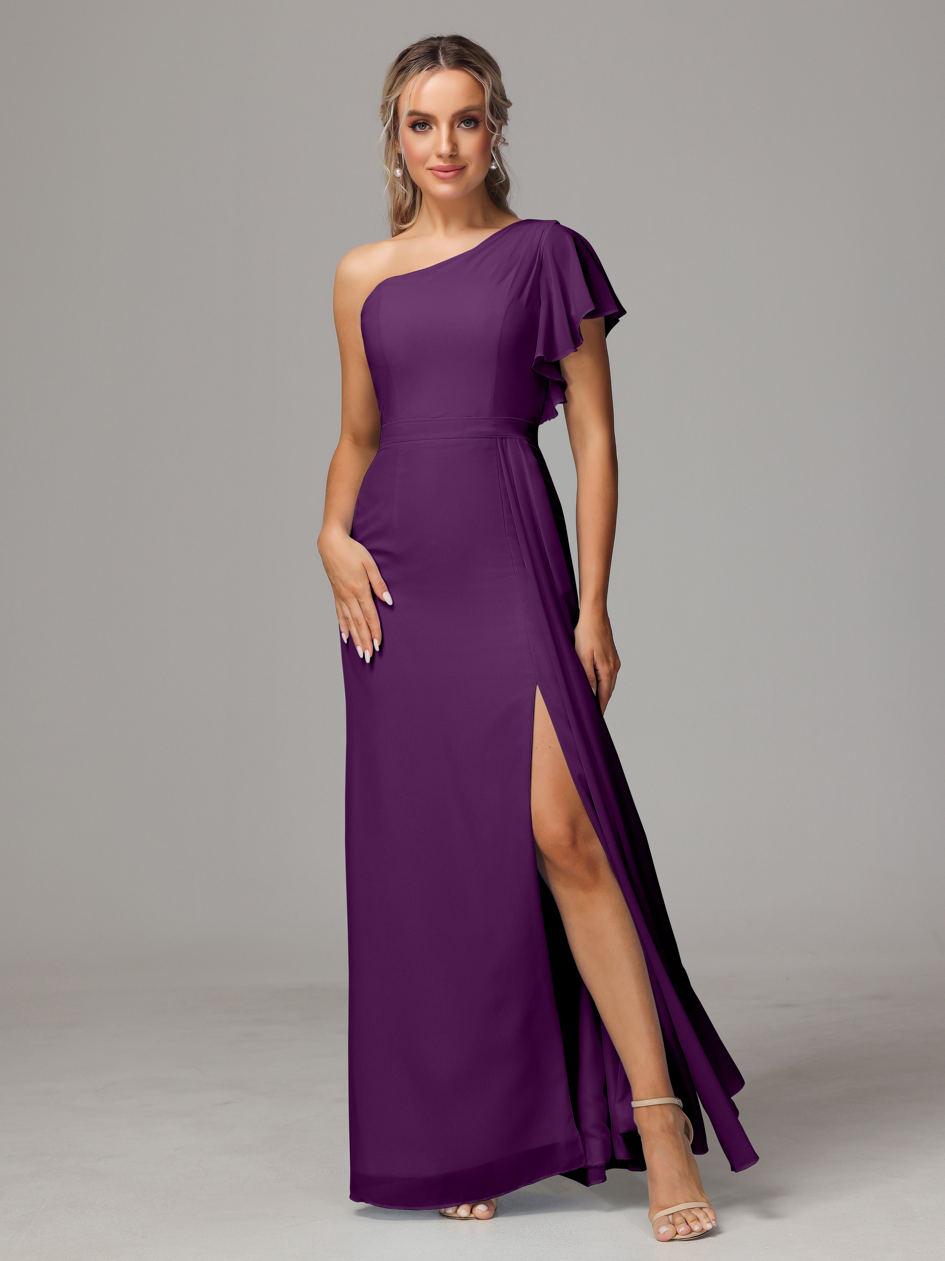 Robes De Demoiselle D'Honneur En Raisin Fourreau Seule Épaule Fendue Mousseline Robe Demoiselle D'Honneur