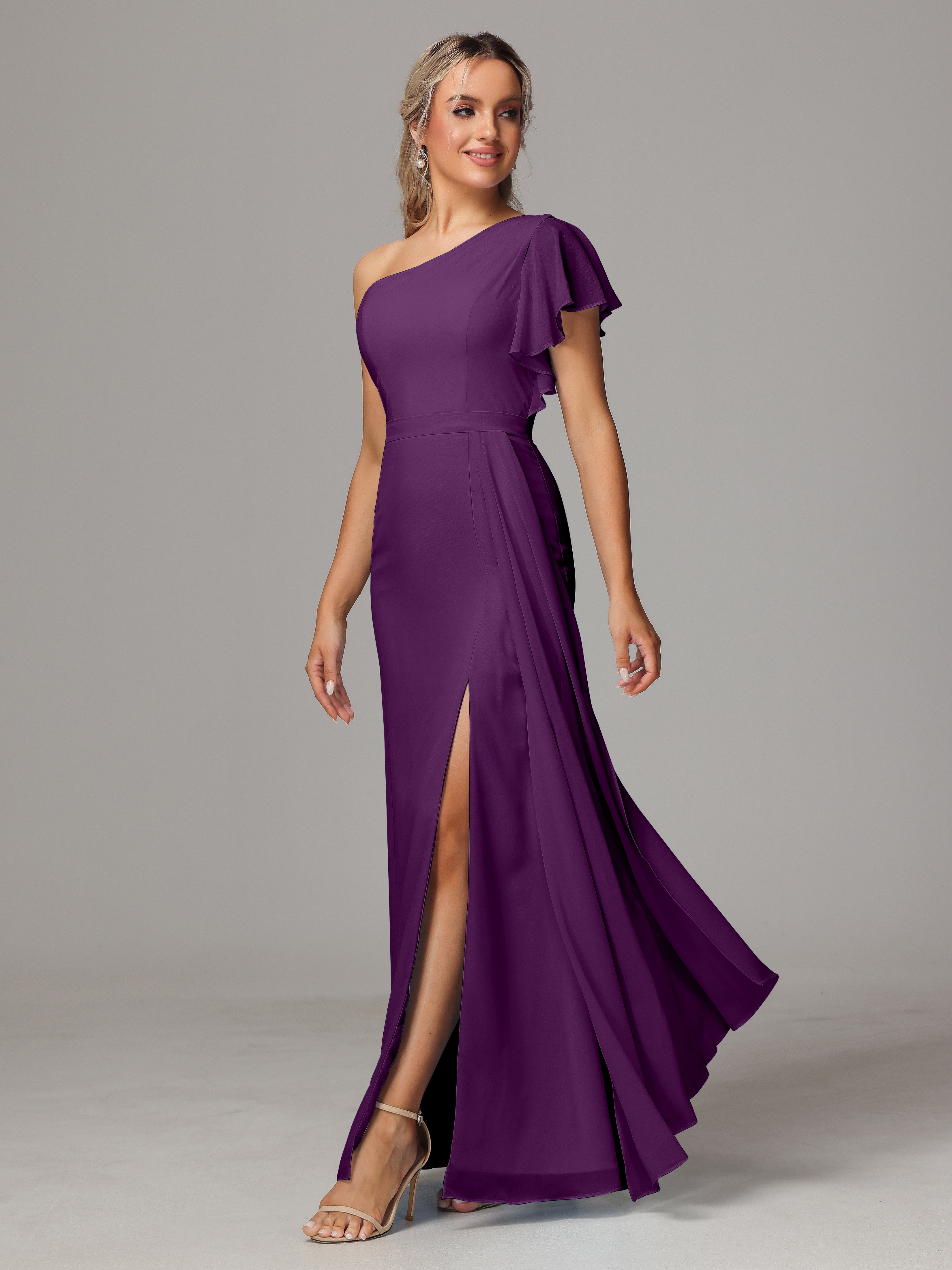 Robes De Demoiselle D'Honneur En Raisin Fourreau Seule Épaule Fendue Mousseline Robe Demoiselle D'Honneur