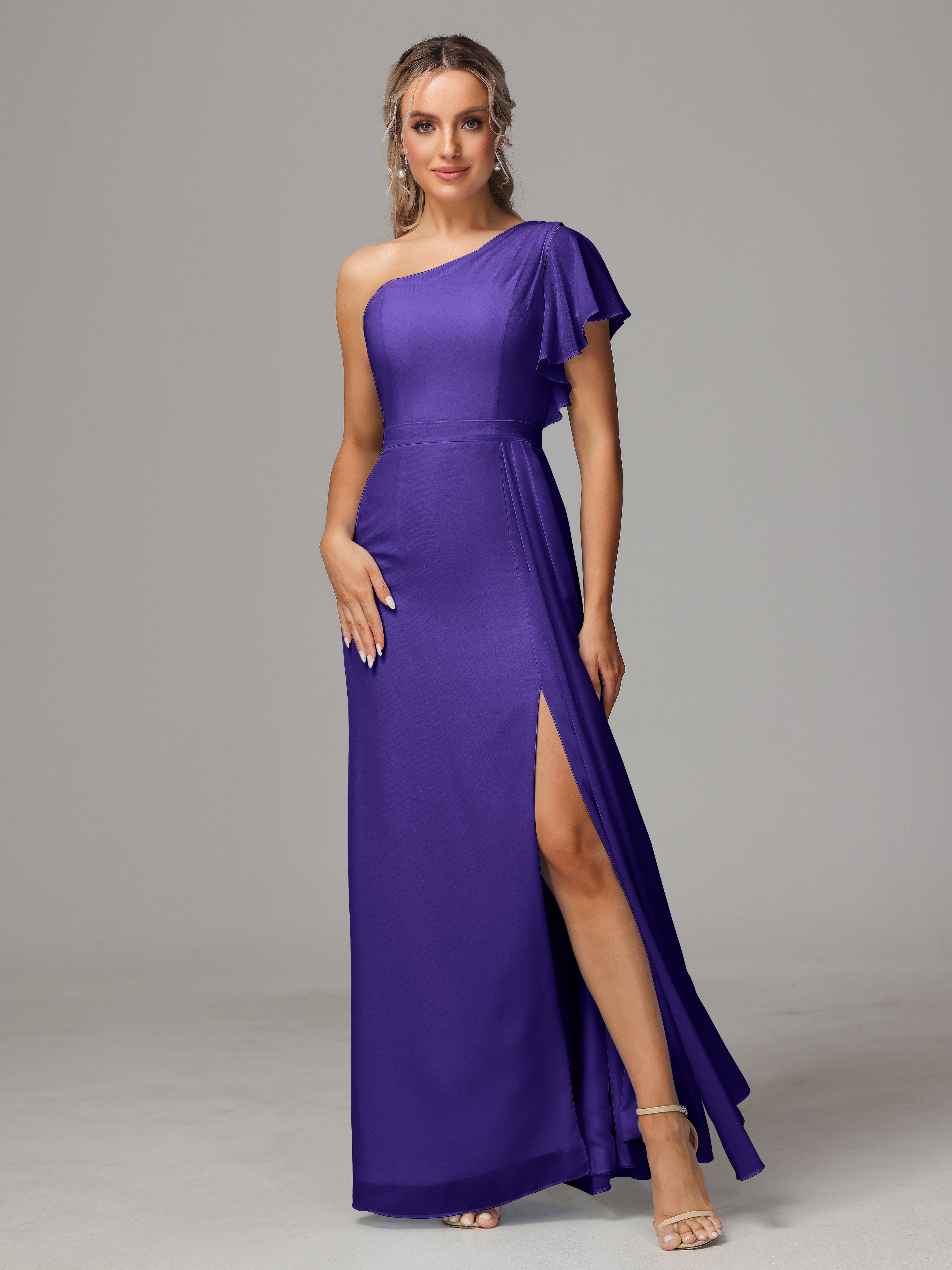 Robes De Demoiselle D'Honneur En Régence Fourreau Seule Épaule Fendue Mousseline Robe Demoiselle D'Honneur