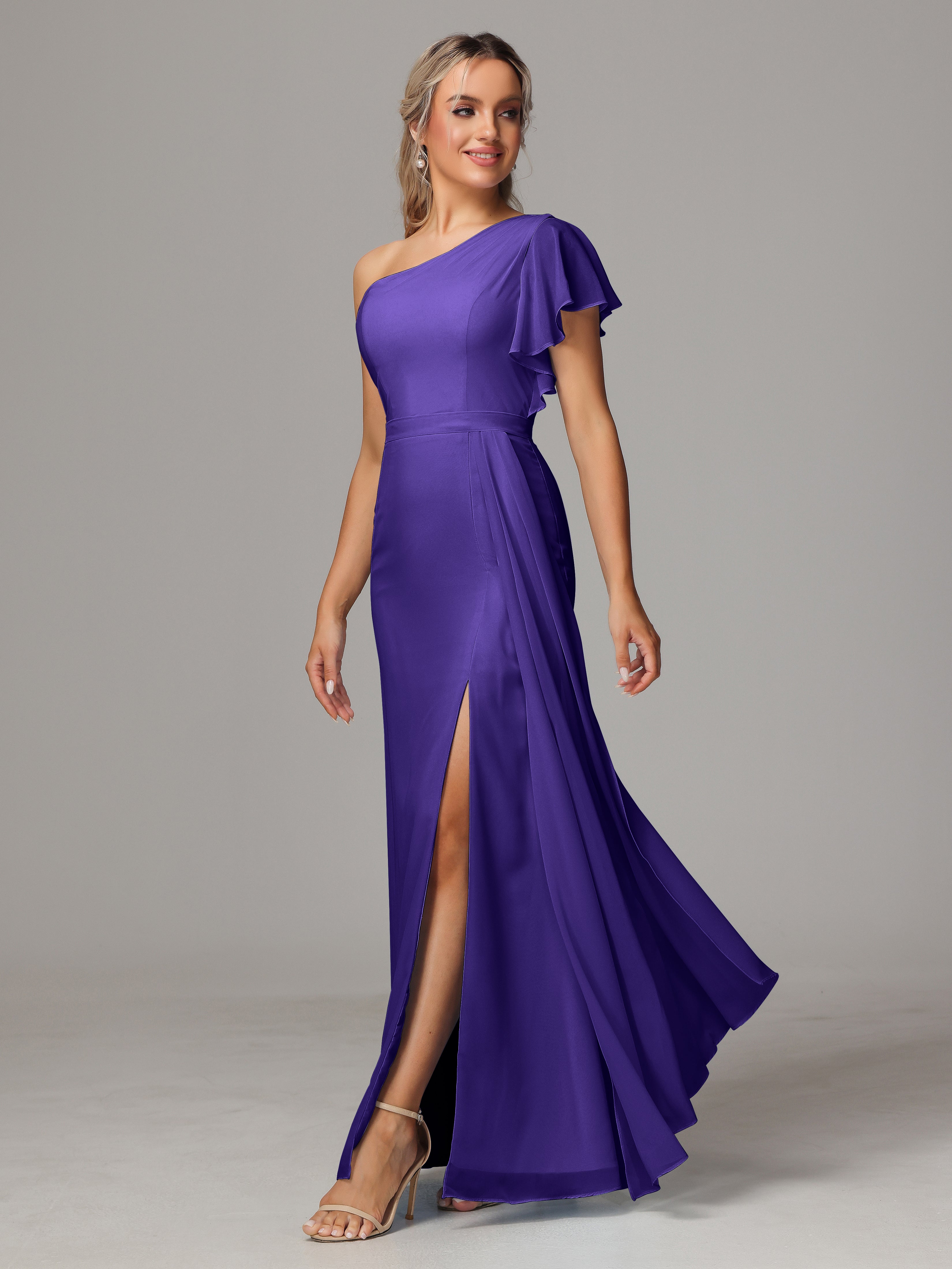 Robes De Demoiselle D'Honneur En Régence Fourreau Seule Épaule Fendue Mousseline Robe Demoiselle D'Honneur