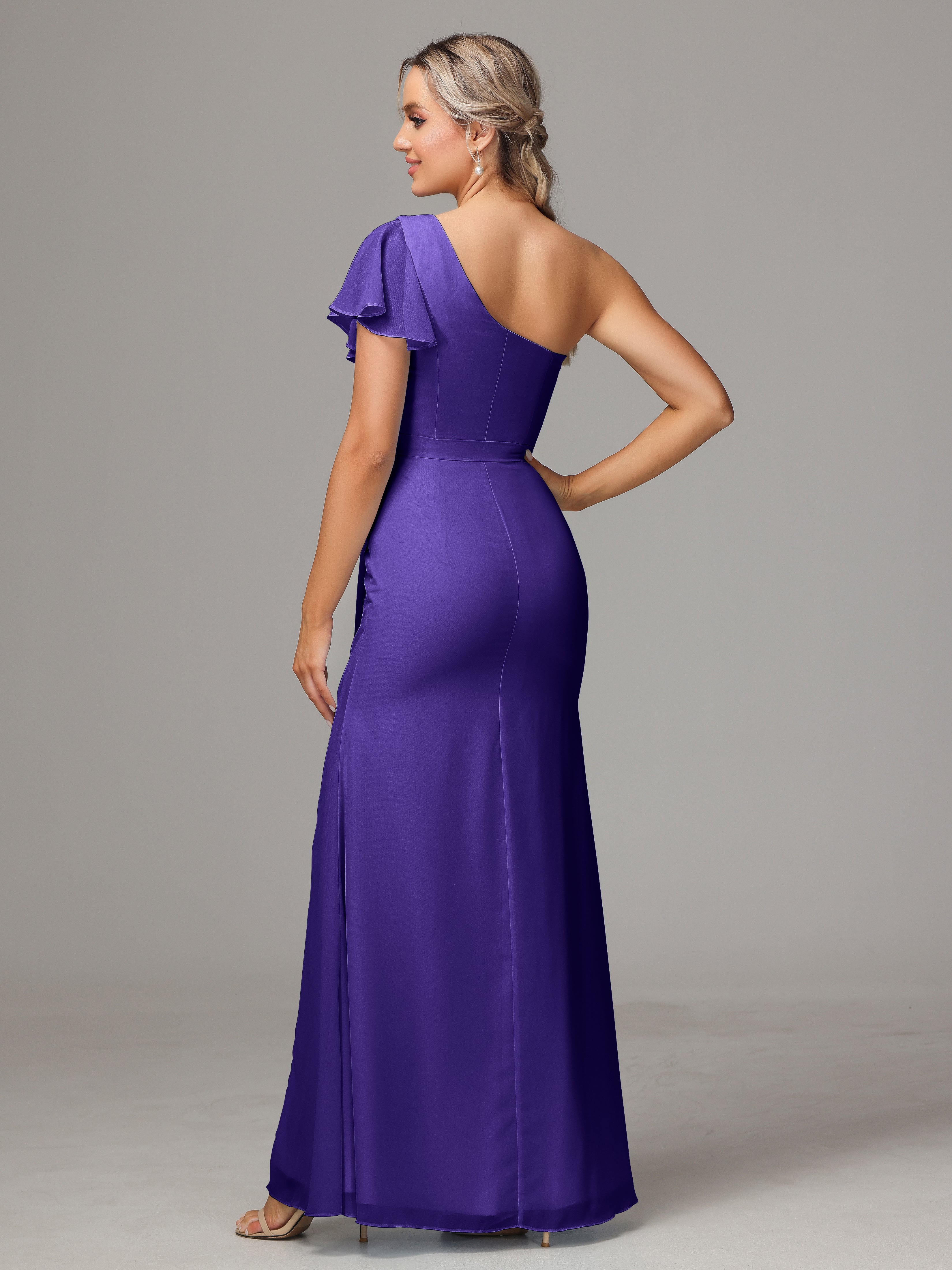 Robes De Demoiselle D'Honneur En Régence Fourreau Seule Épaule Fendue Mousseline Robe Demoiselle D'Honneur