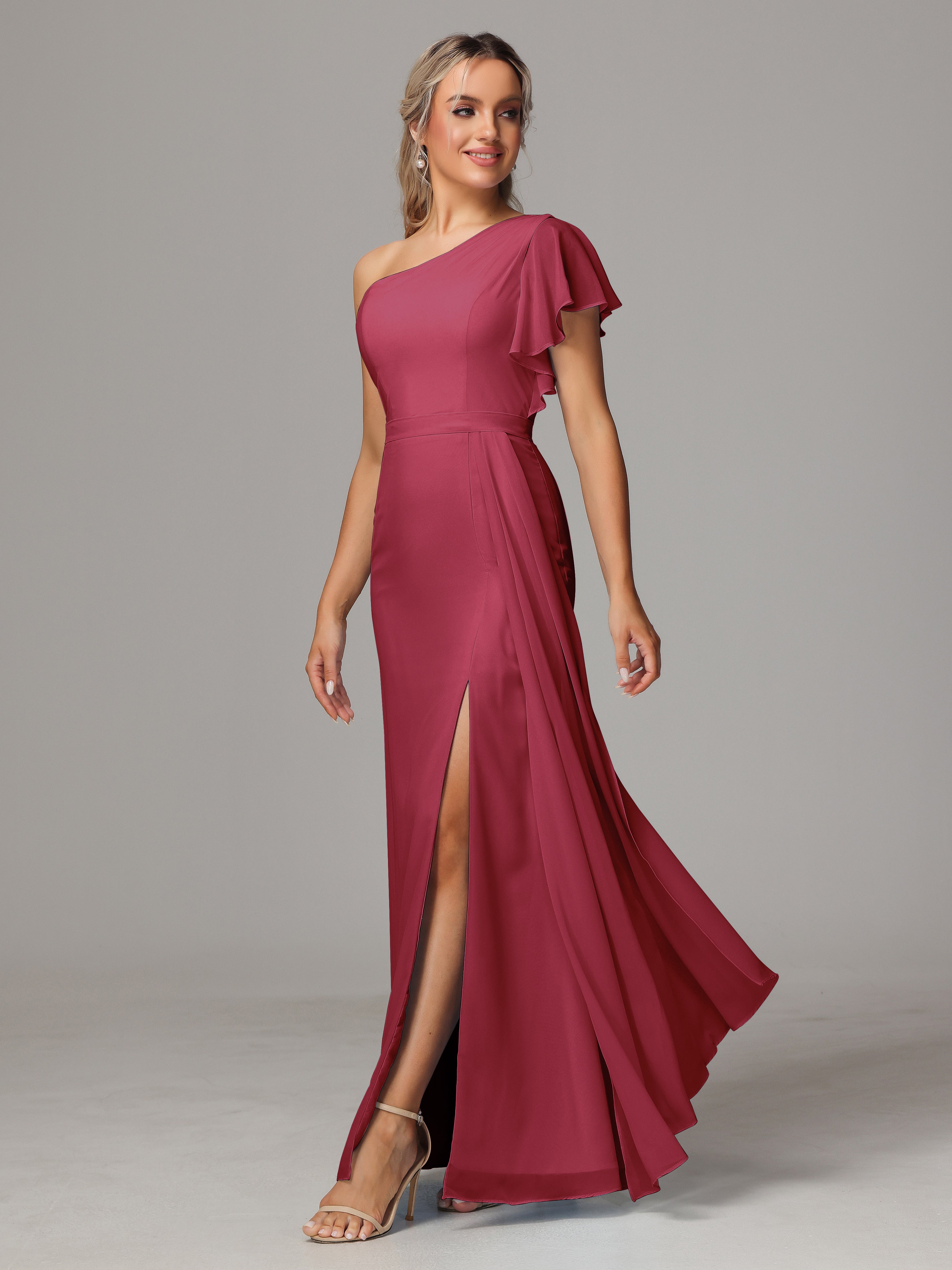 Couleur Rose Cannelle Fourreau Seule Épaule Fendue Devant Mousseline Robe Demoiselle D'Honneur