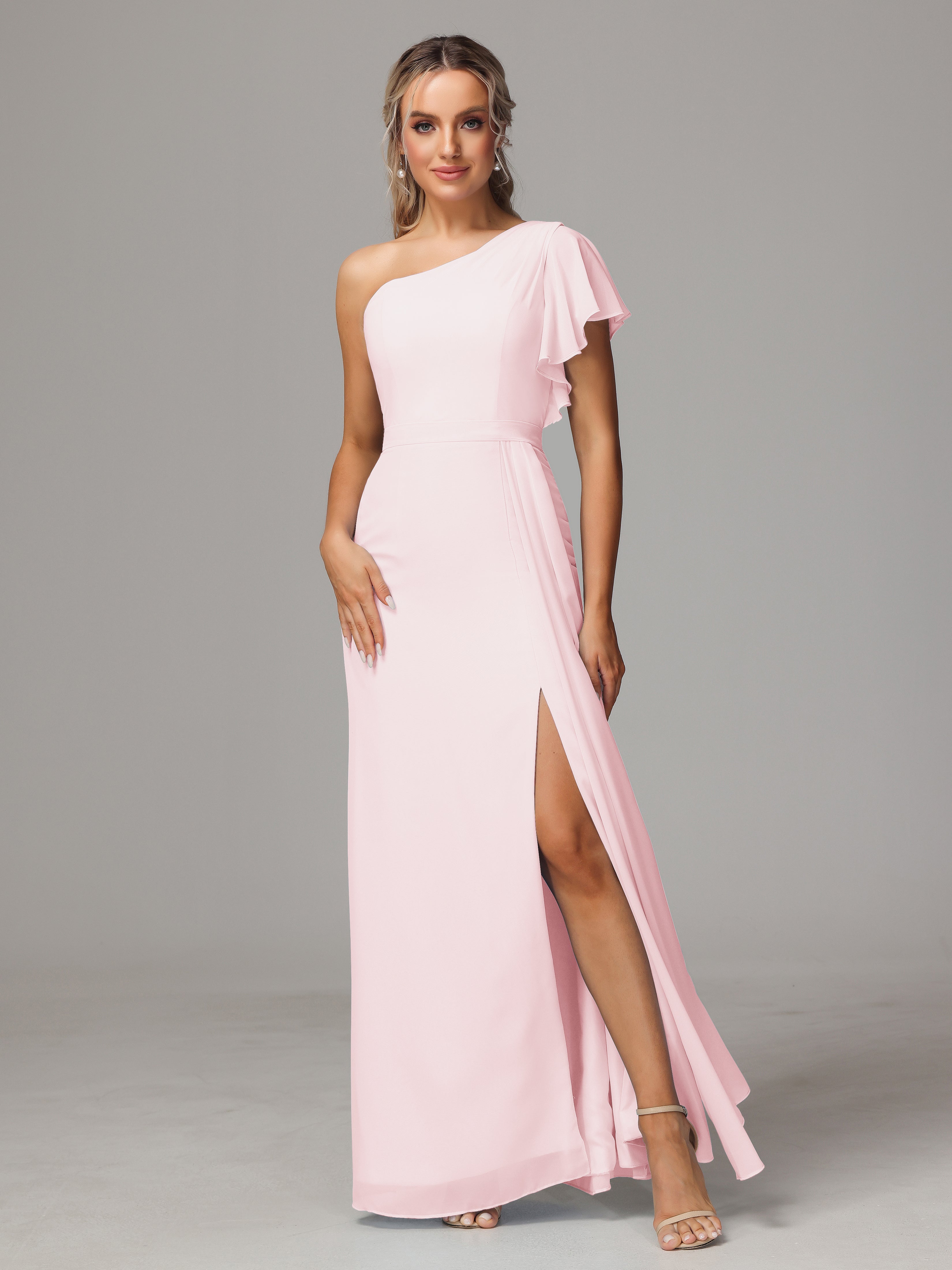 Robe Demoiselles D Honneur Rose Pale Fourreau Seule Épaule Fendue Mousseline Robe Demoiselle D'Honneur