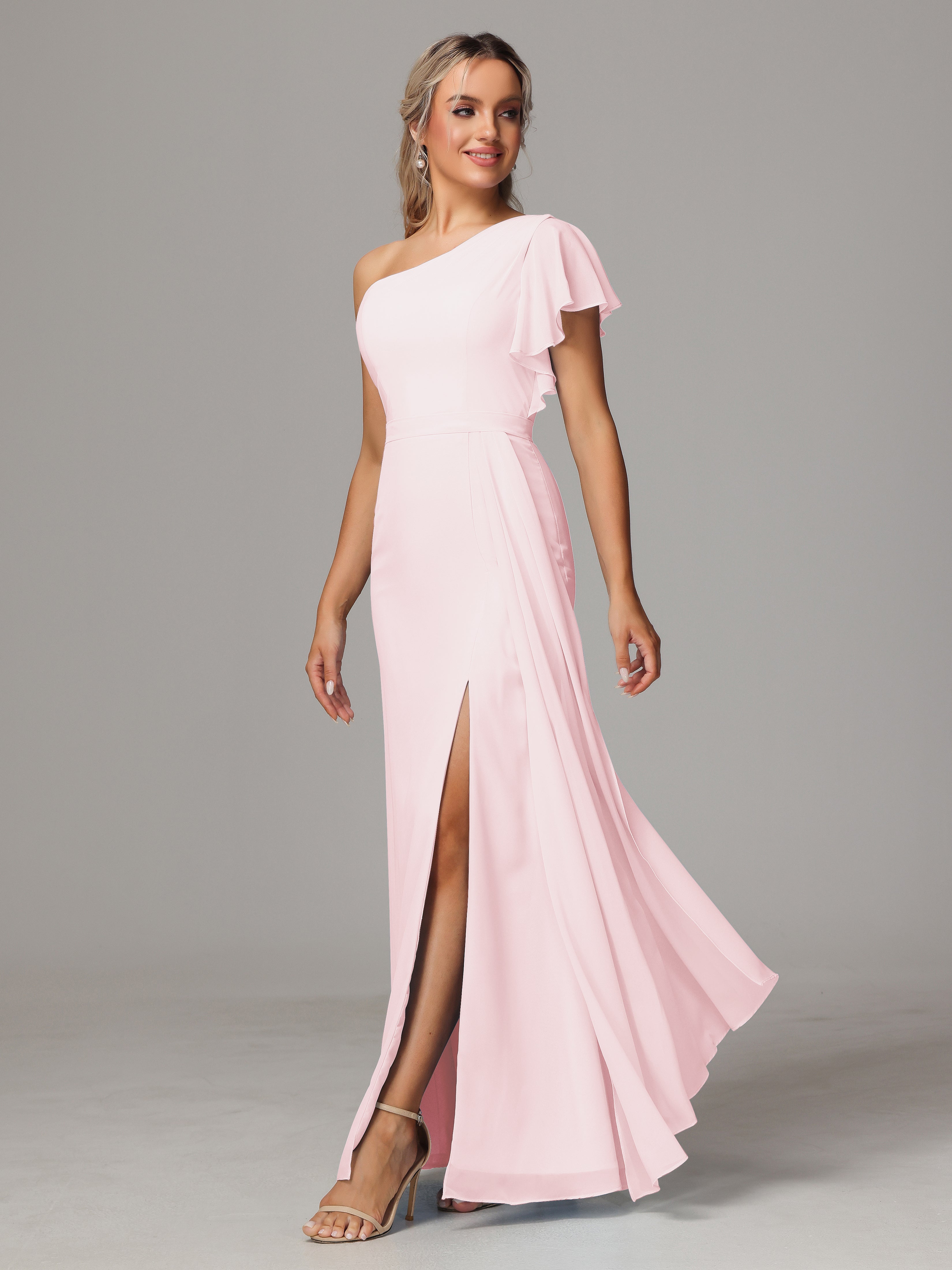 Robe Demoiselles D Honneur Rose Pale Fourreau Seule Épaule Fendue Mousseline Robe Demoiselle D'Honneur
