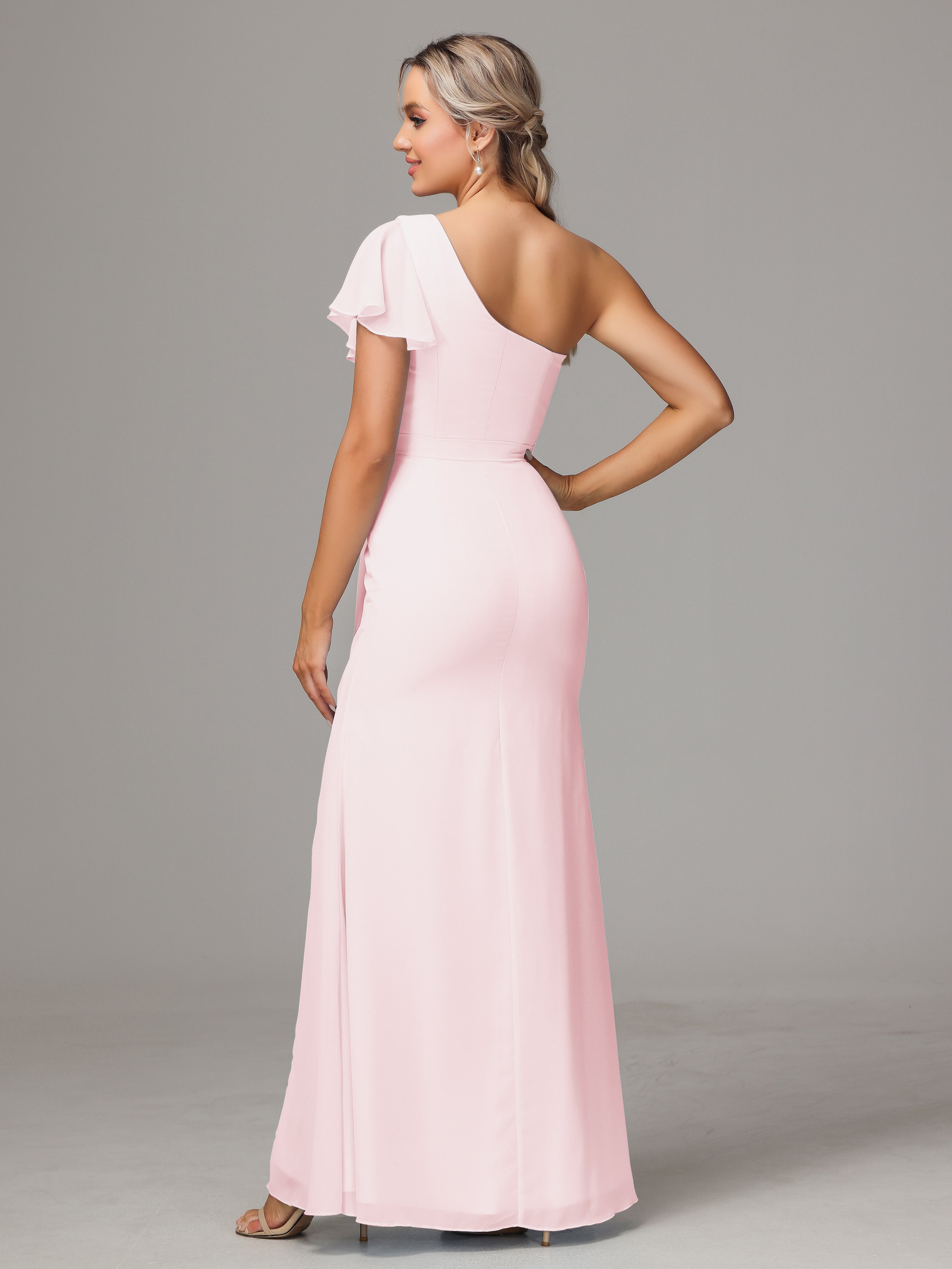 Robe Demoiselles D Honneur Rose Pale Fourreau Seule Épaule Fendue Mousseline Robe Demoiselle D'Honneur