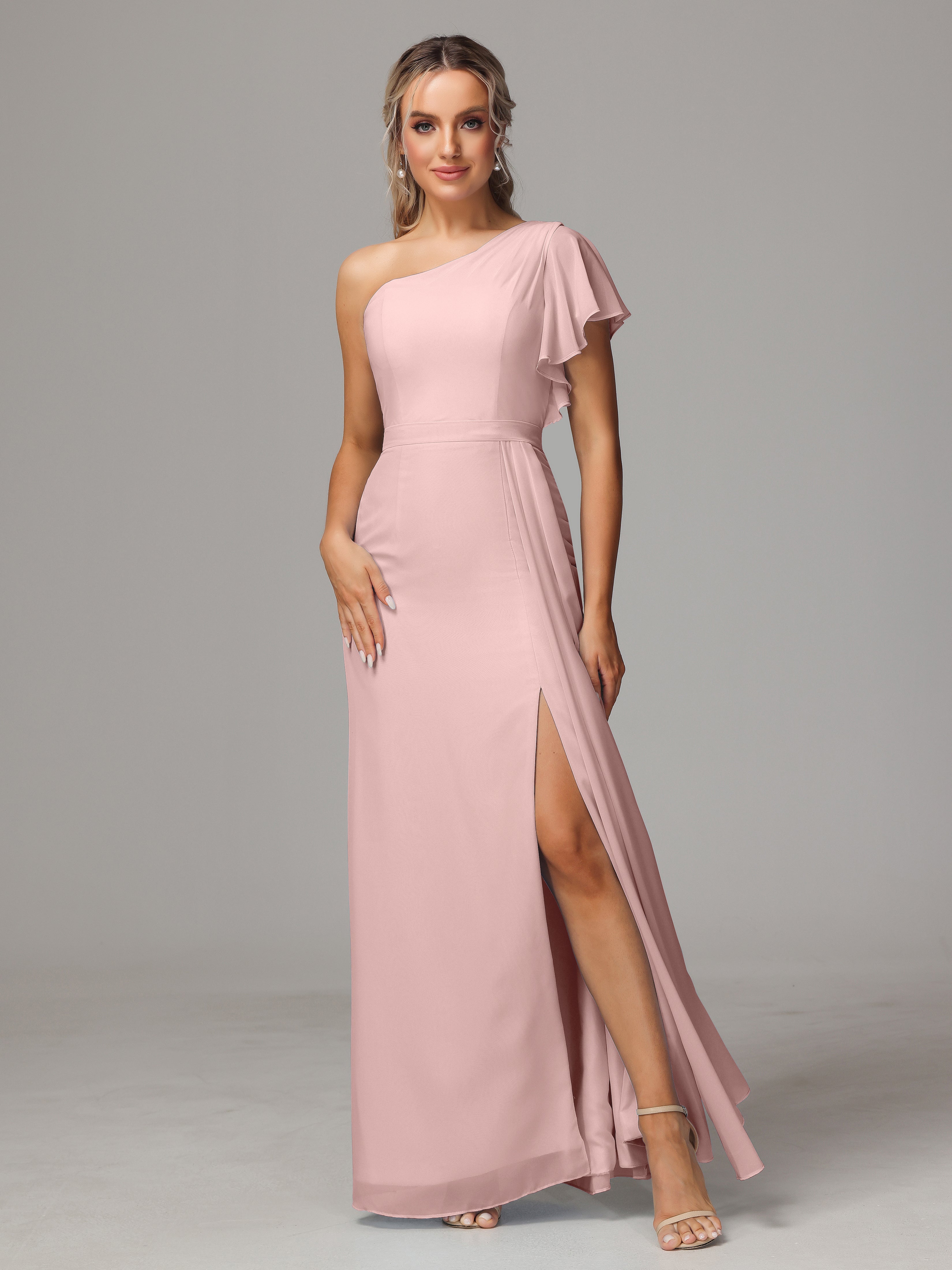 Robe Demoiselle D Honneur Rose Poudre Fourreau Seule Épaule Fendue Mousseline Robe Demoiselle D'Honneur