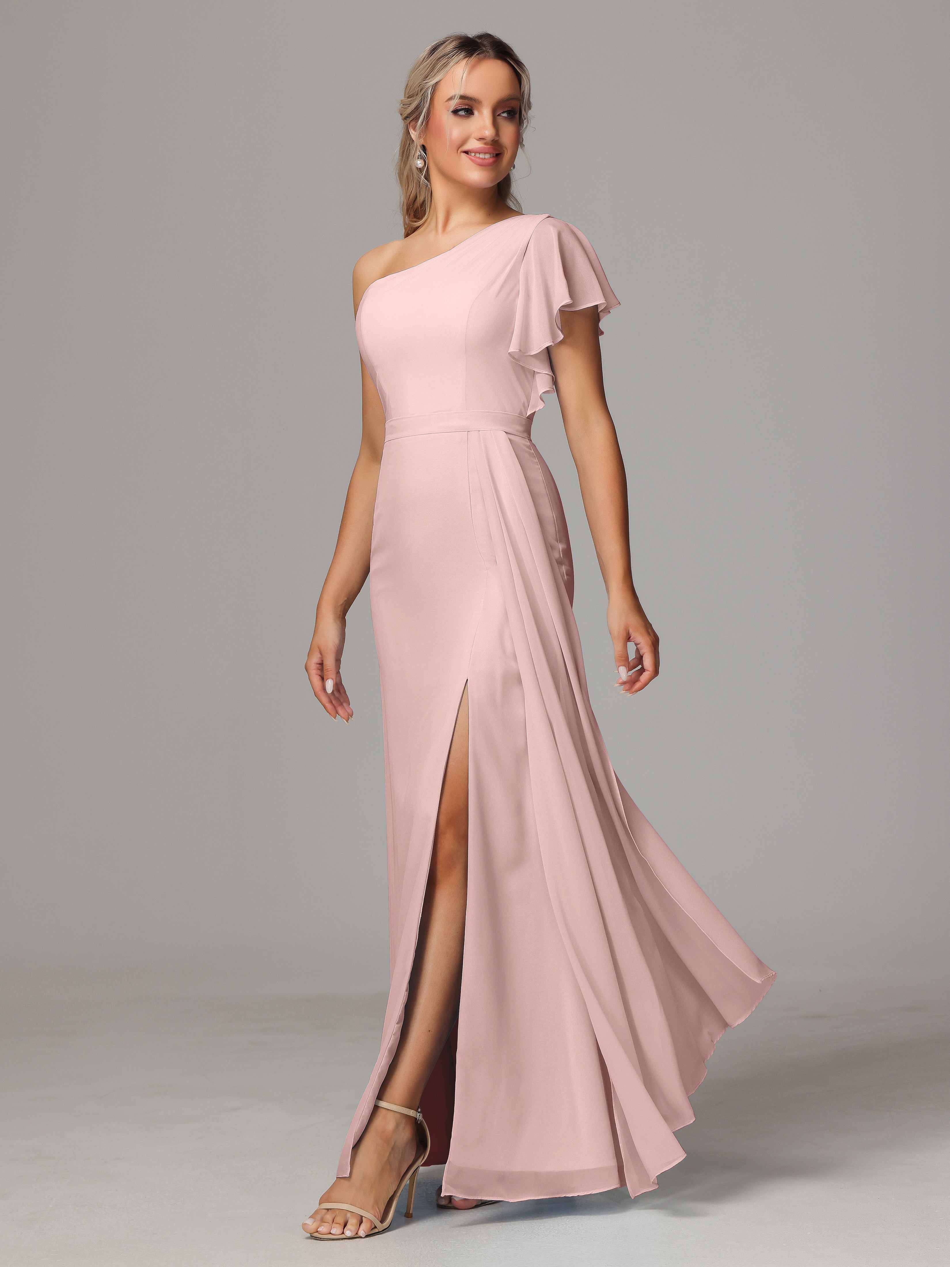 Robe Demoiselle D Honneur Rose Poudre Fourreau Seule Épaule Fendue Mousseline Robe Demoiselle D'Honneur