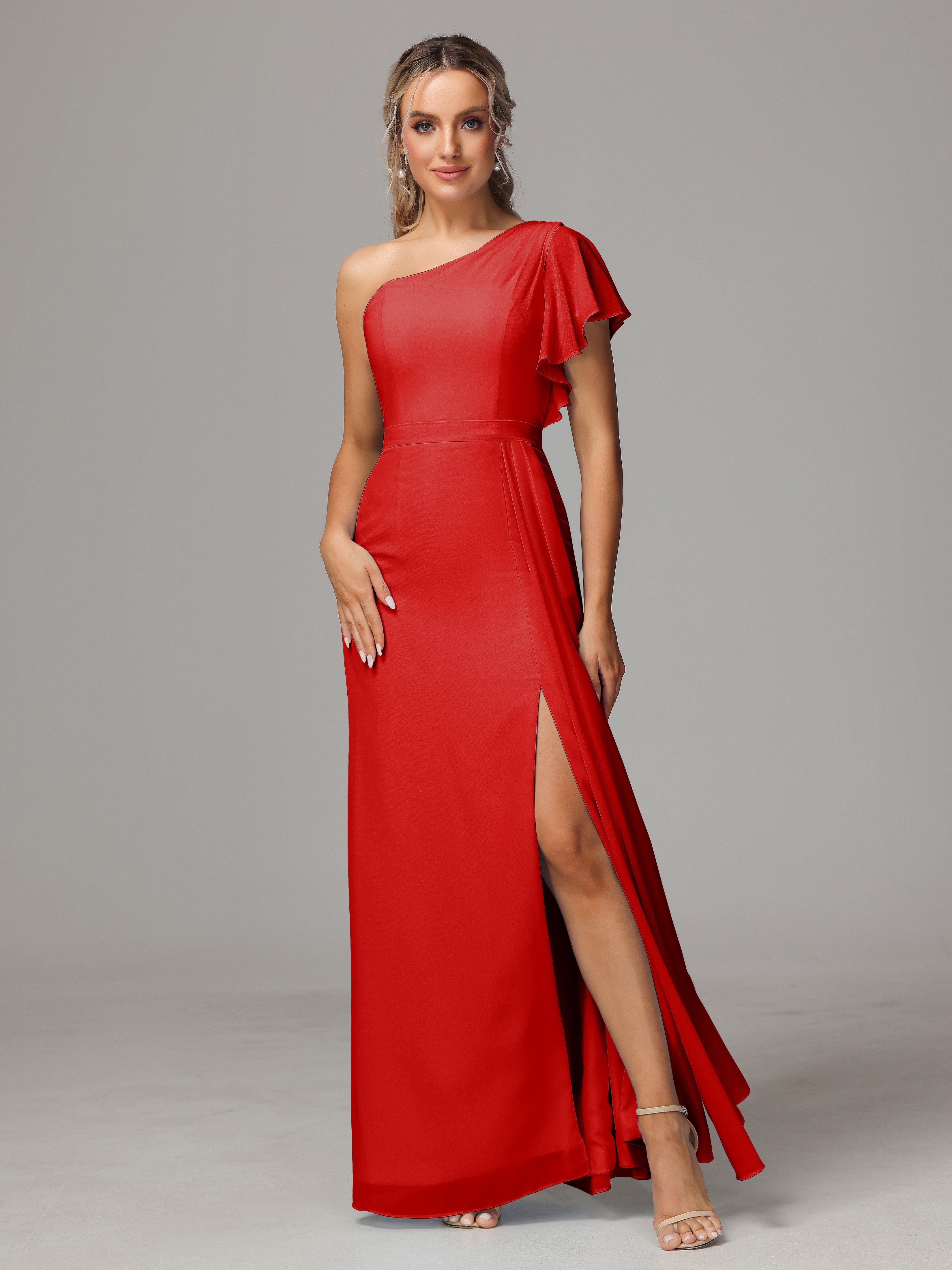 Robe Demoiselle Dhonneur Rouge Fourreau Seule Épaule Fendue Mousseline Robe Demoiselle D'Honneur
