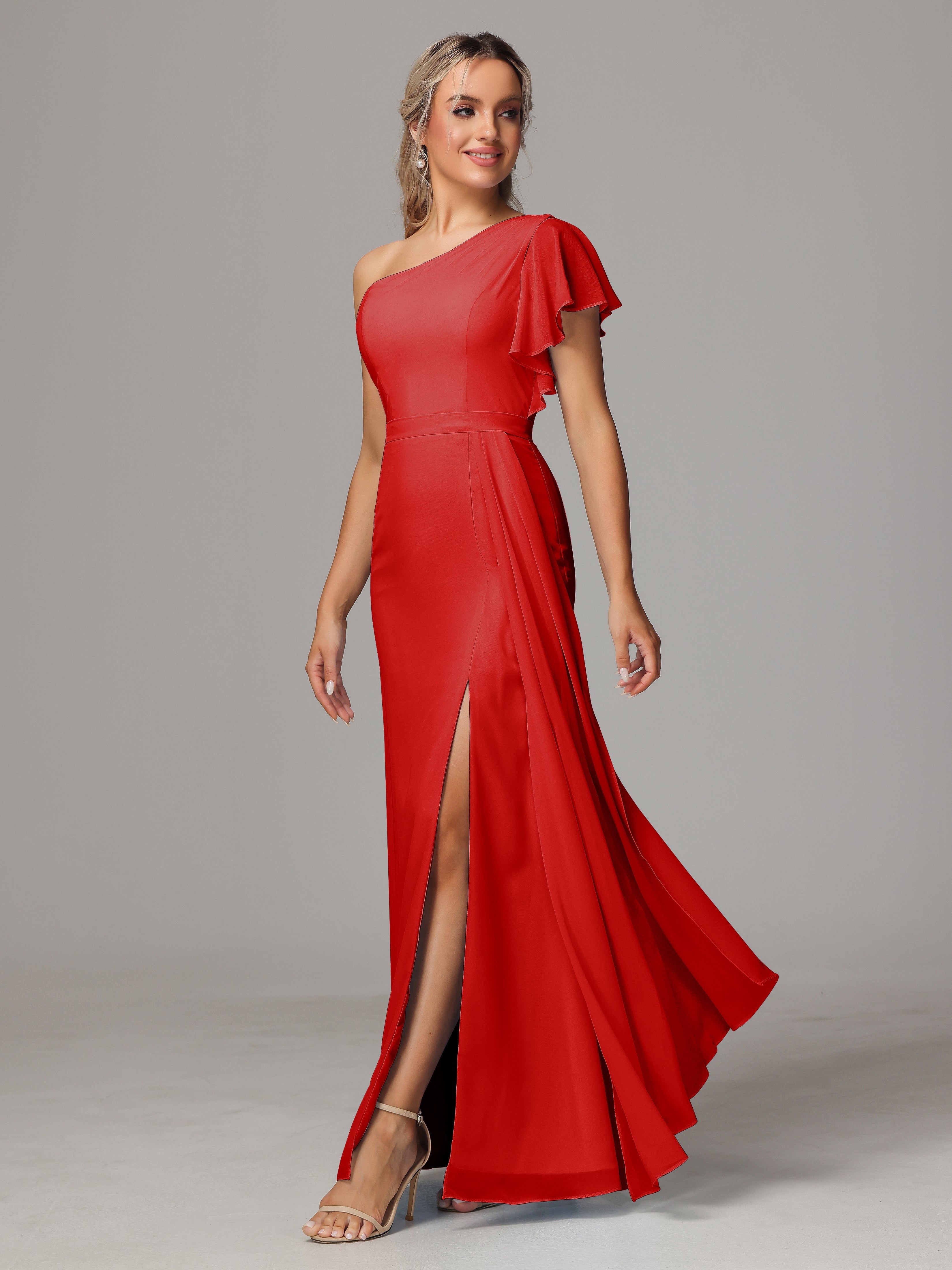 Robe Demoiselle Dhonneur Rouge Fourreau Seule Épaule Fendue Mousseline Robe Demoiselle D'Honneur