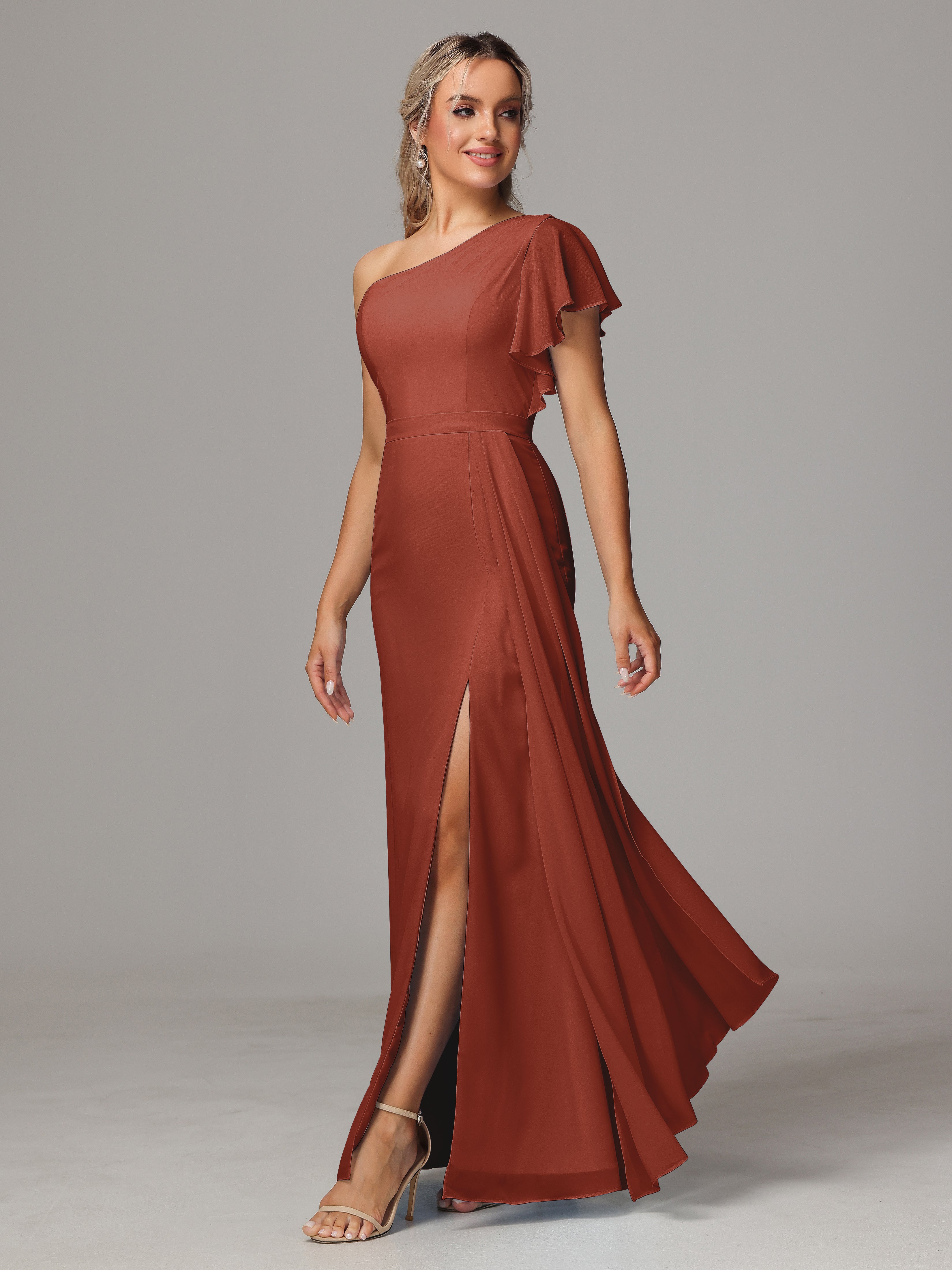 Rouille De Demoiselle D'Honneur Fourreau Seule Épaule Fendue Mousseline Robe Demoiselle D'Honneur
