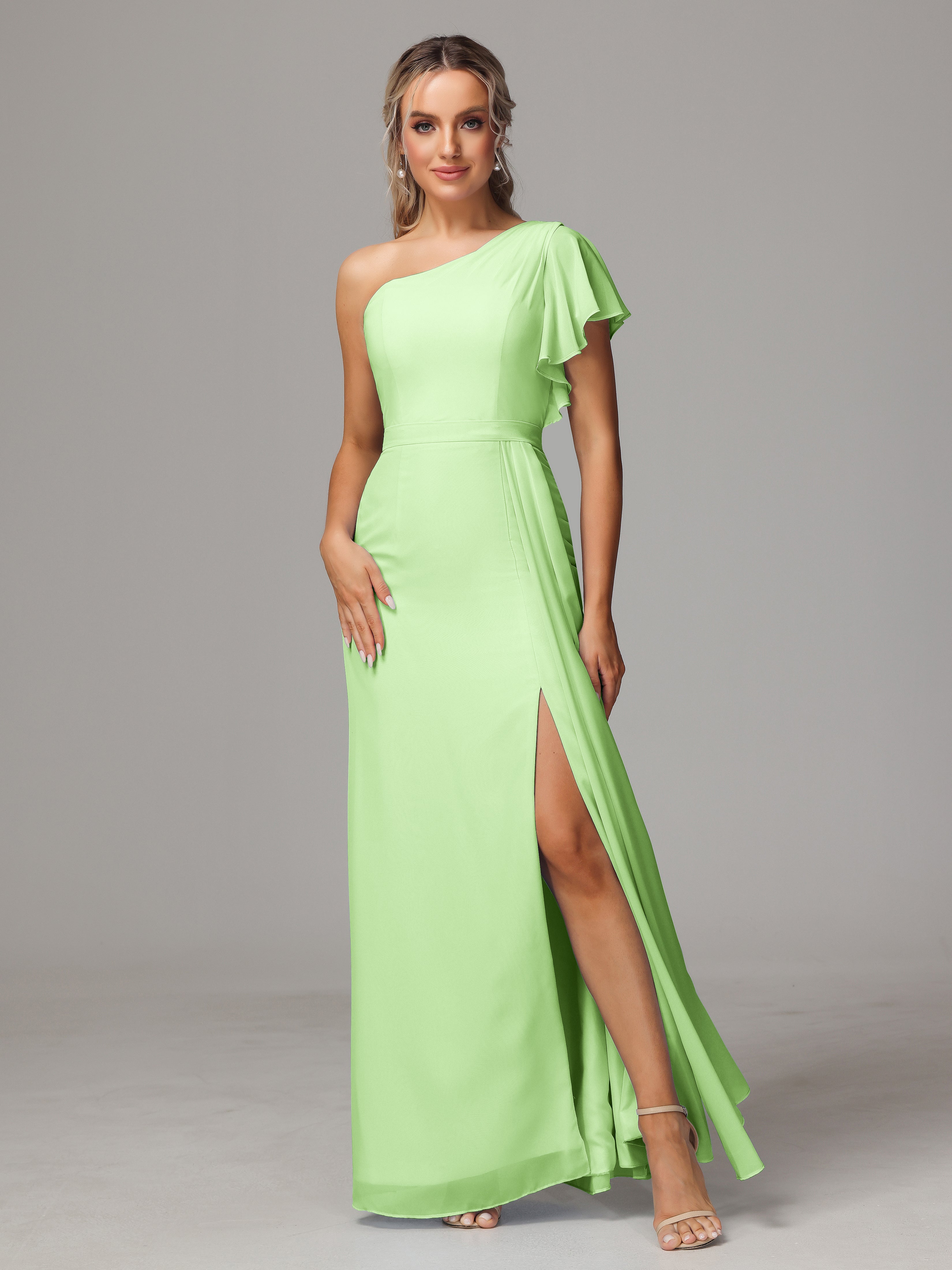 Robe Demoiselle Dhonneur Vert Sauge Fourreau Seule Épaule Fendue Mousseline Robe Demoiselle D'Honneur