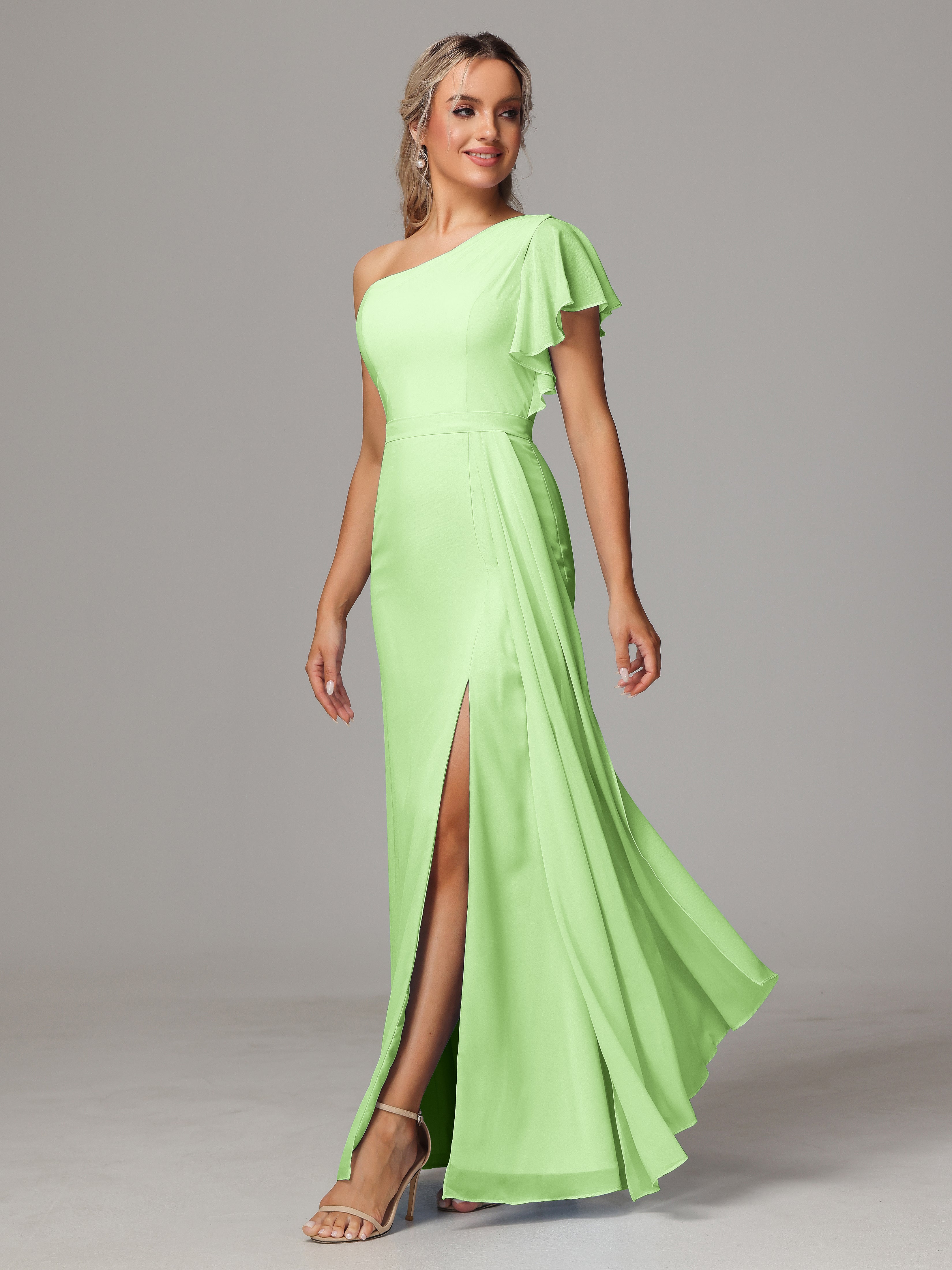 Robe Demoiselle Dhonneur Vert Sauge Fourreau Seule Épaule Fendue Mousseline Robe Demoiselle D'Honneur