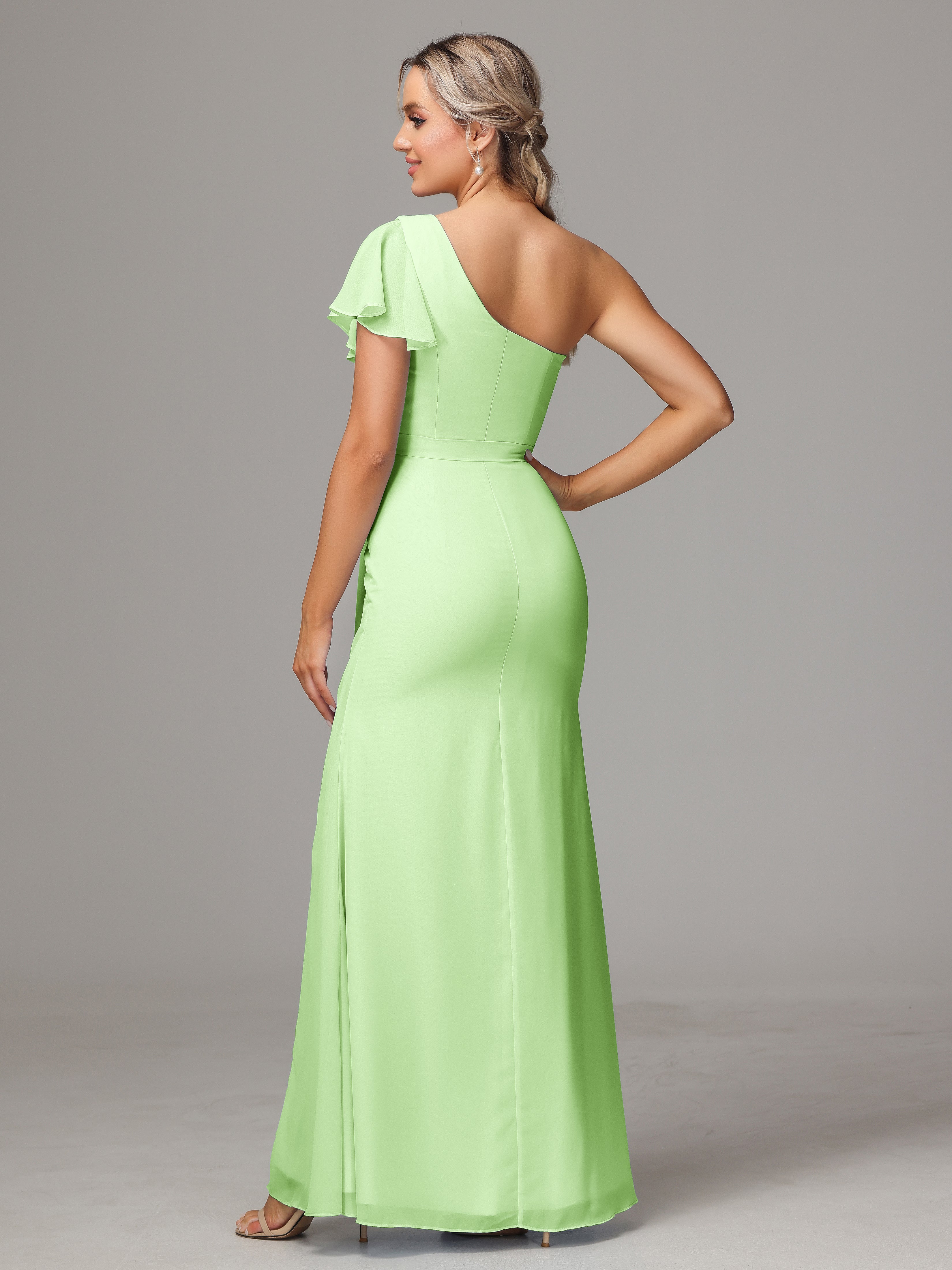Robe Demoiselle Dhonneur Vert Sauge Fourreau Seule Épaule Fendue Mousseline Robe Demoiselle D'Honneur