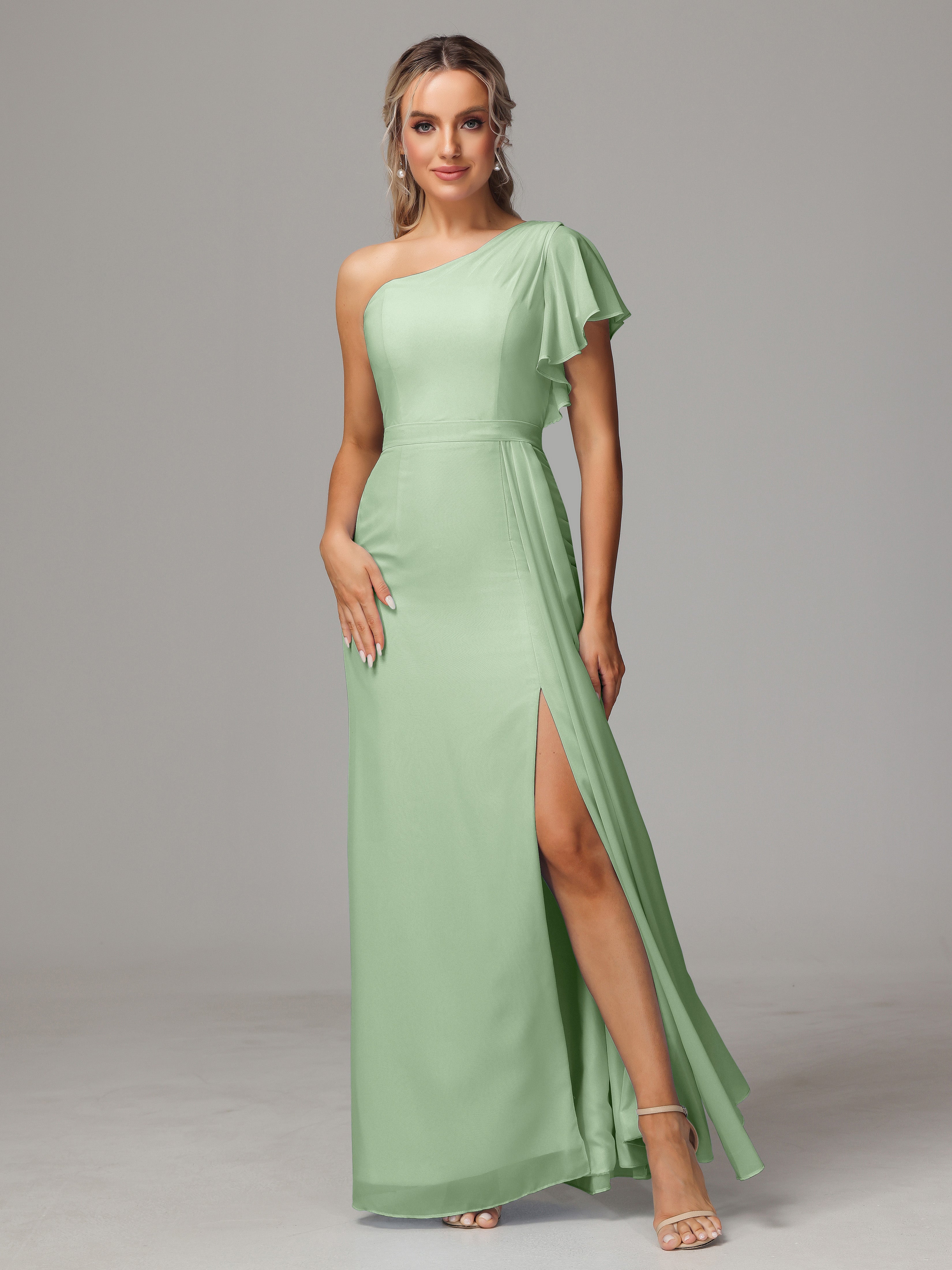Robes De Demoiselle D'Honneur De Sauge Poussiéreuse Fourreau Seule Épaule Fendue Mousseline