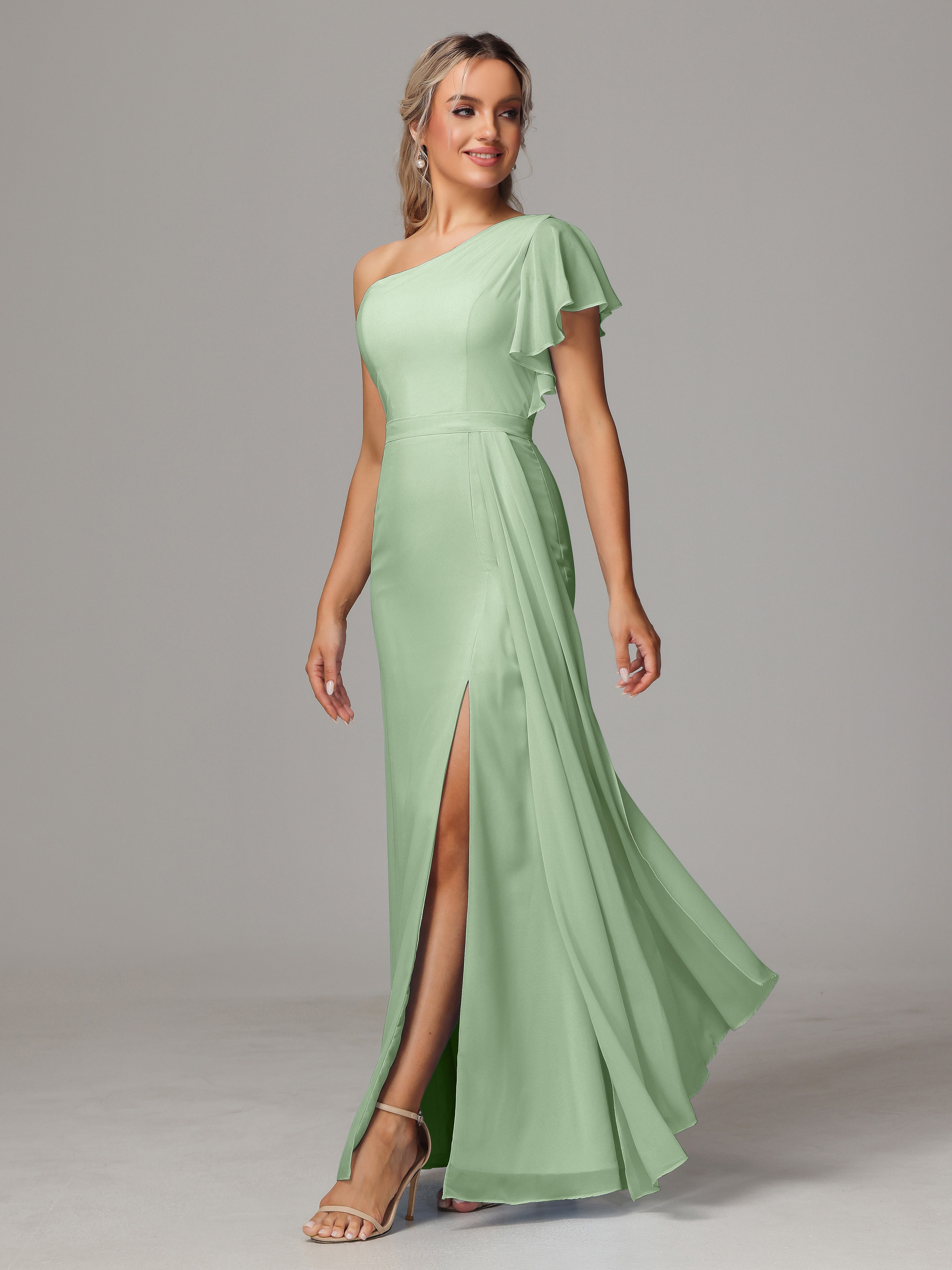 Robes De Demoiselle D'Honneur De Sauge Poussiéreuse Fourreau Seule Épaule Fendue Mousseline