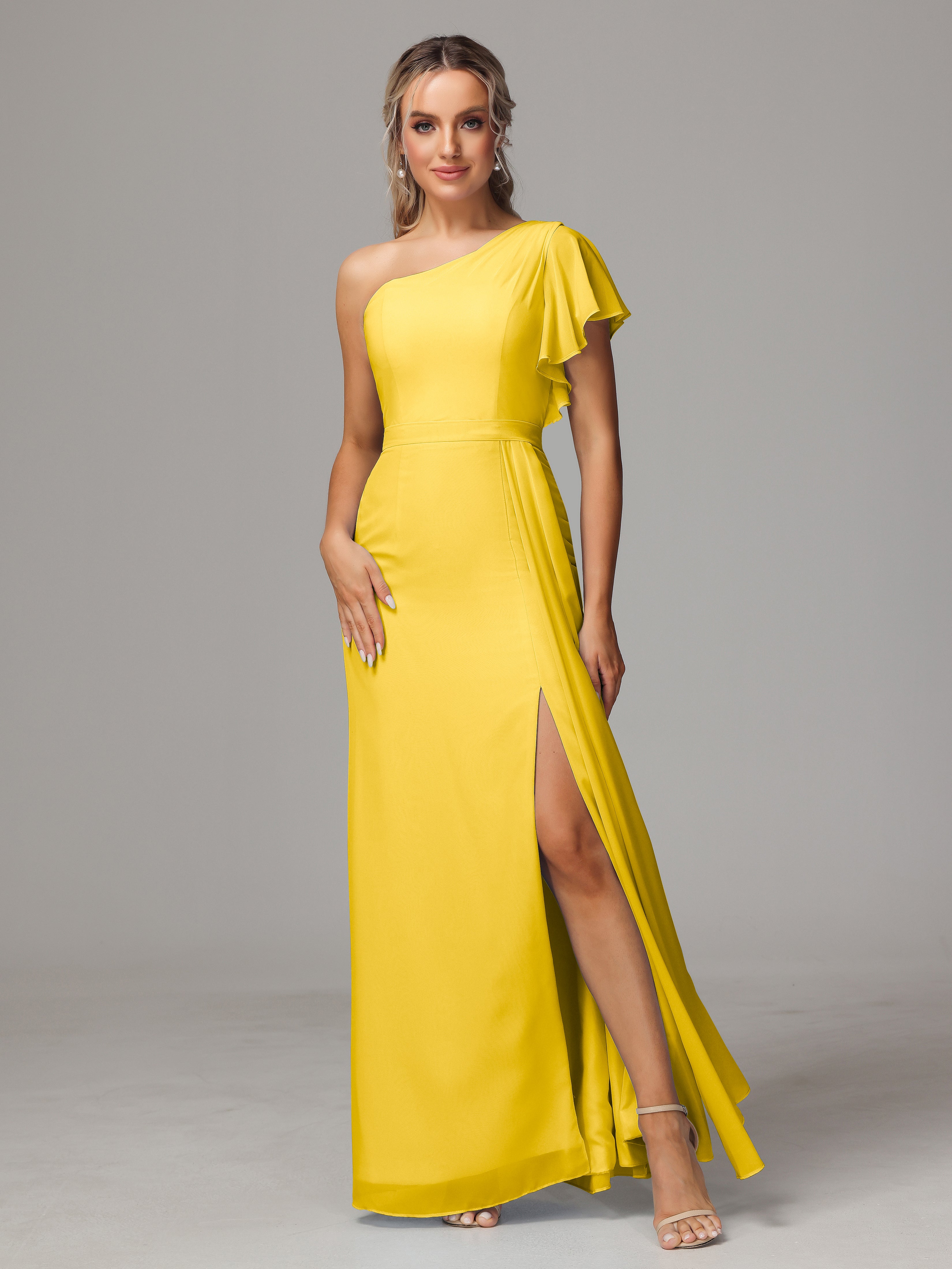 Robe De Demoiselle D'Honneur Souci Fourreau Seule Épaule Fendue Mousseline Robe Demoiselle D'Honneur