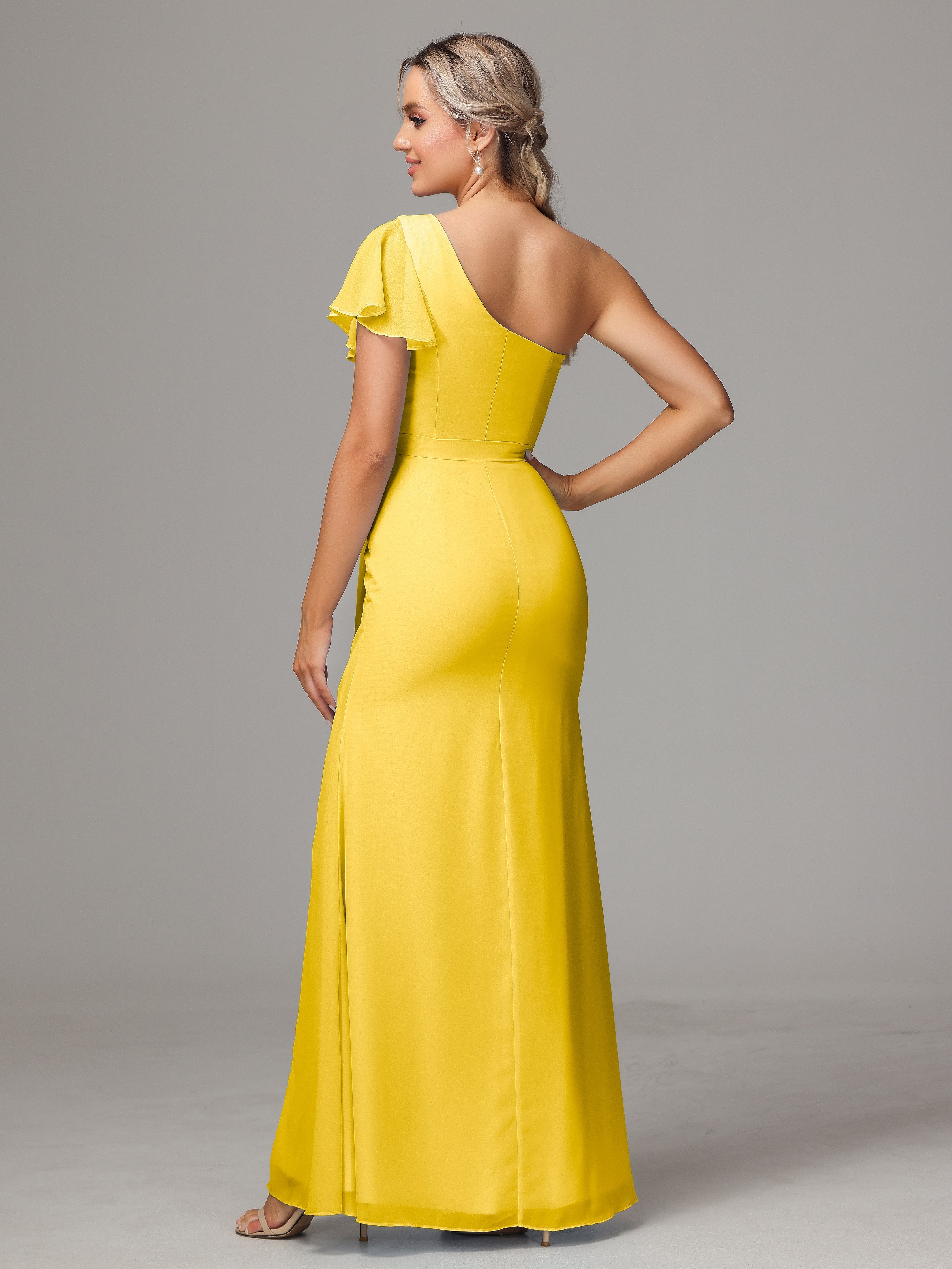 Robe De Demoiselle D'Honneur Souci Fourreau Seule Épaule Fendue Mousseline Robe Demoiselle D'Honneur