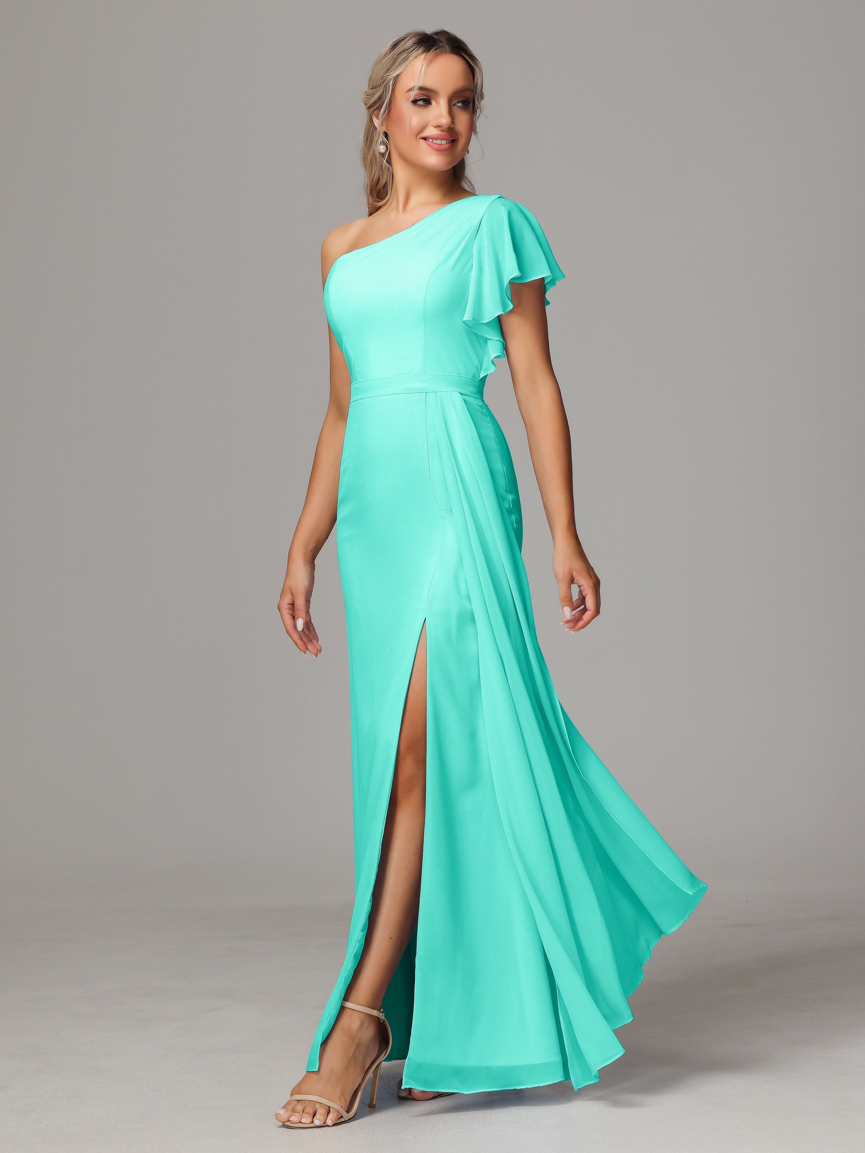 Robes De Demoiselle D'Honneur Spa Fourreau Seule Épaule Fendue Mousseline Robe Demoiselle D'Honneur
