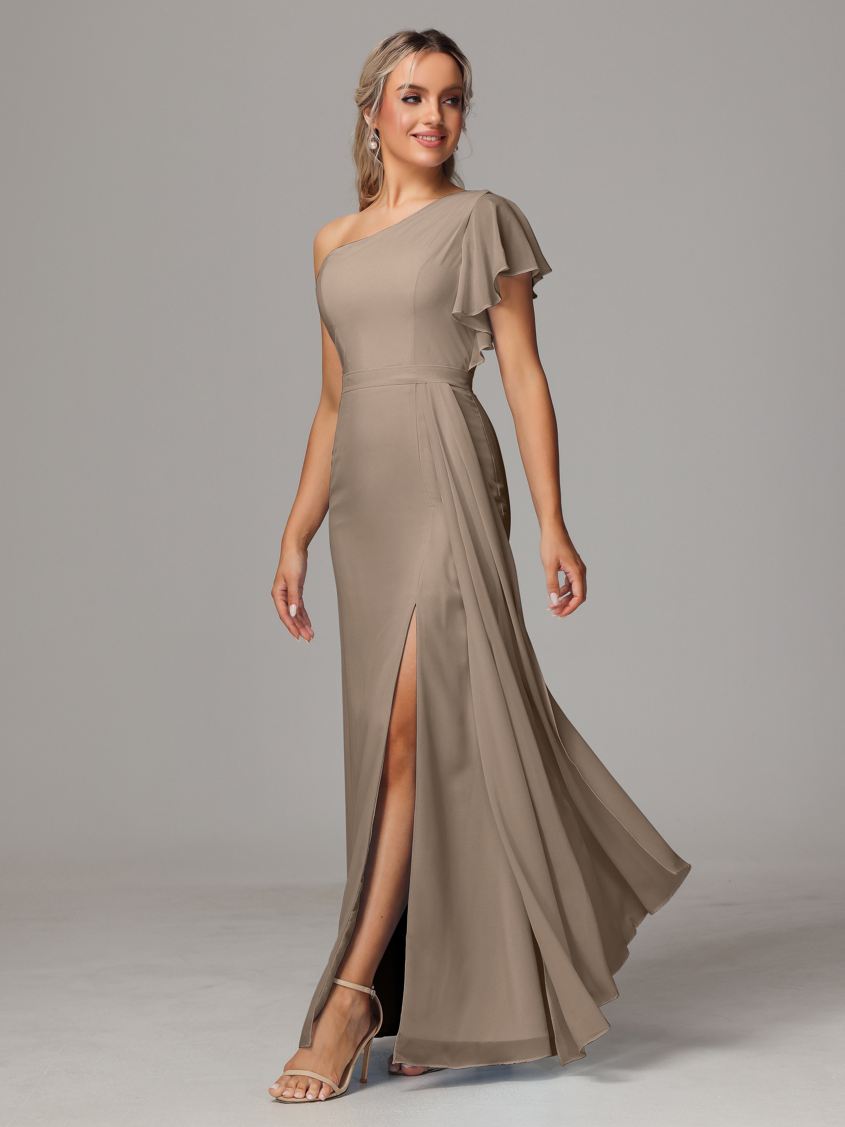 Robe Demoiselle D Honneur Taupe Fourreau Seule Épaule Fendue Mousseline Robe Demoiselle D'Honneur