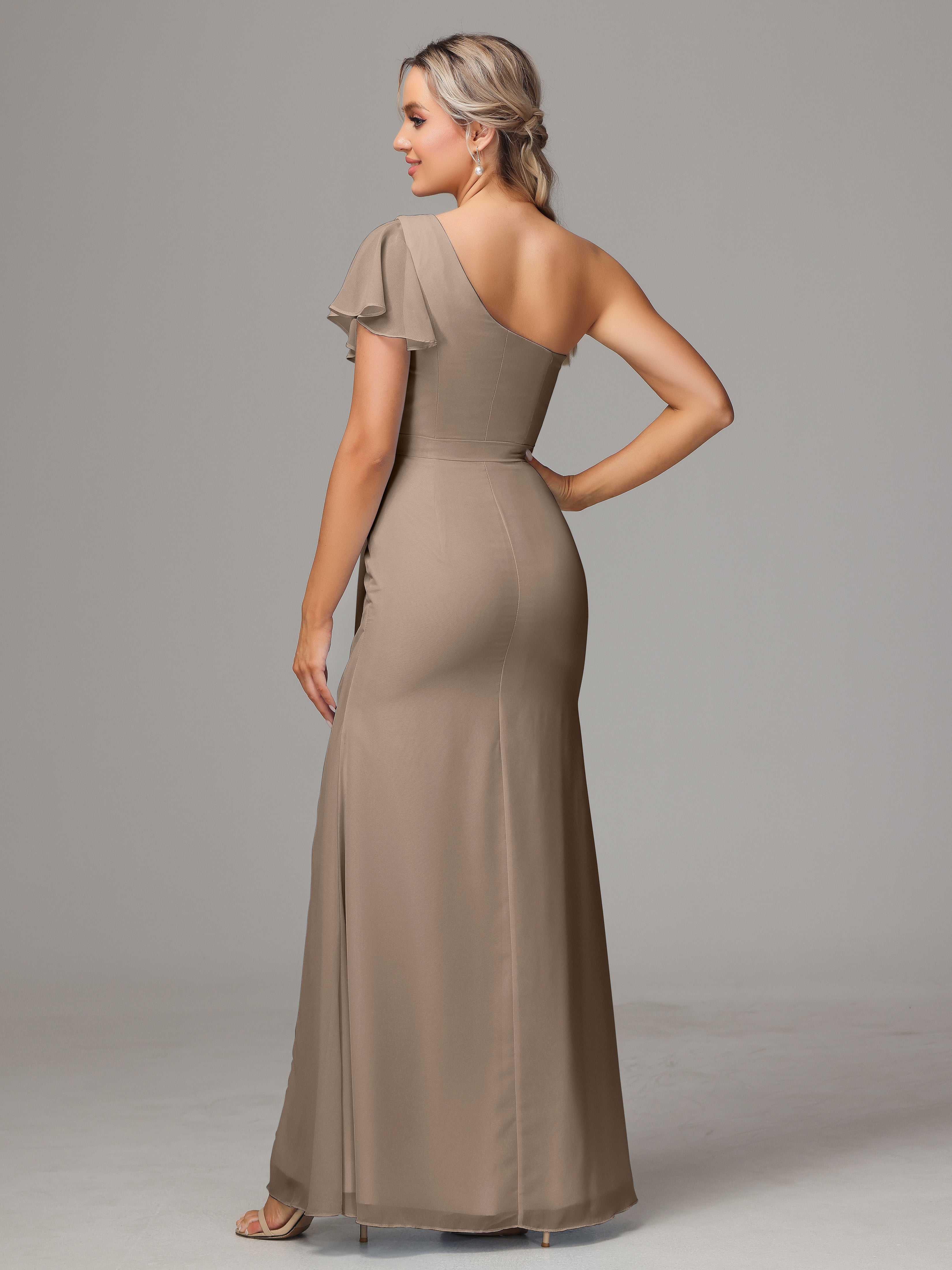 Robe Demoiselle D Honneur Taupe Fourreau Seule Épaule Fendue Mousseline Robe Demoiselle D'Honneur