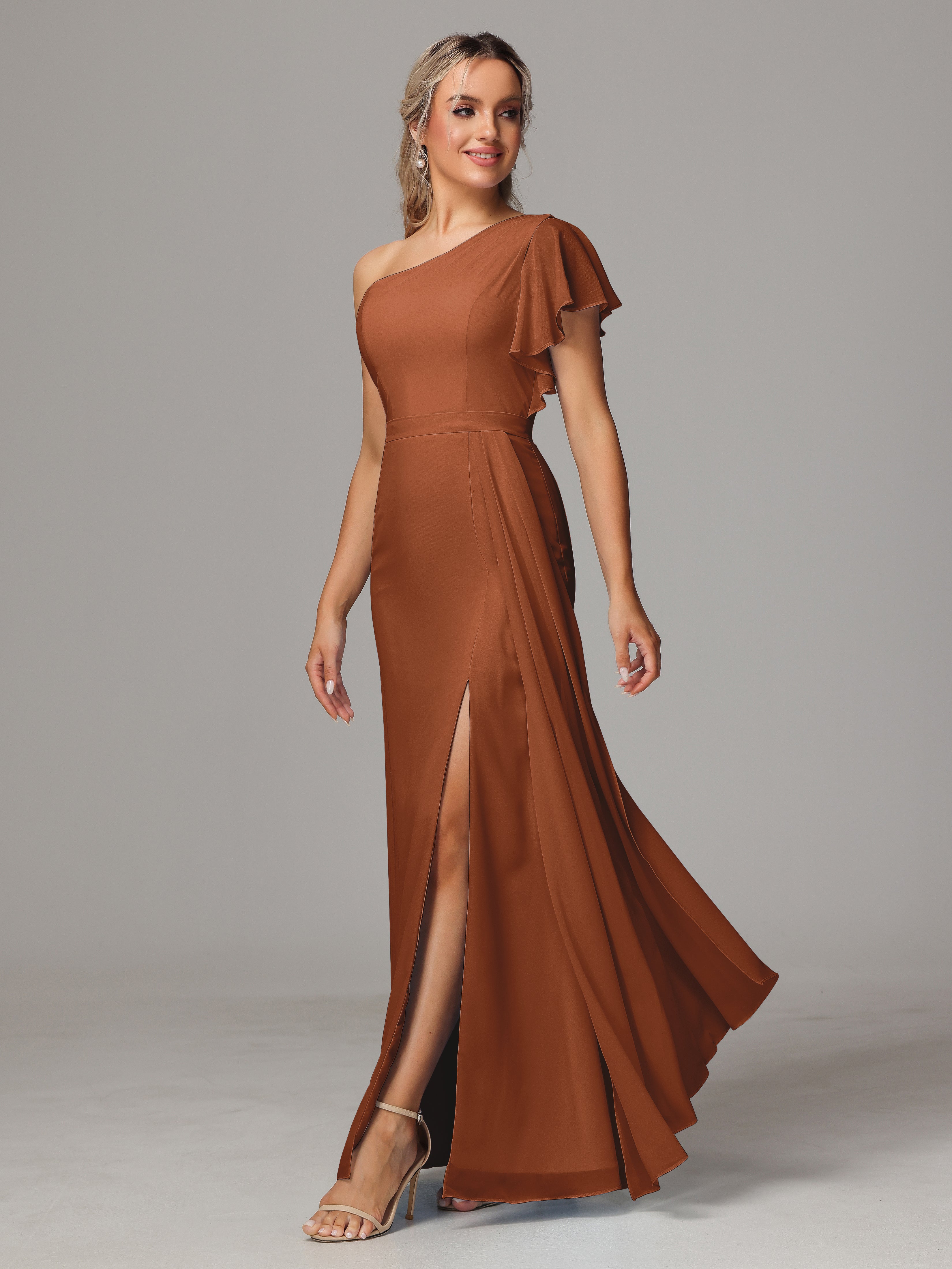 Robe Terracotta Demoiselle D Honneur Fourreau Seule Épaule Fendue Devant Mousseline Robe Demoiselle D'Honneur