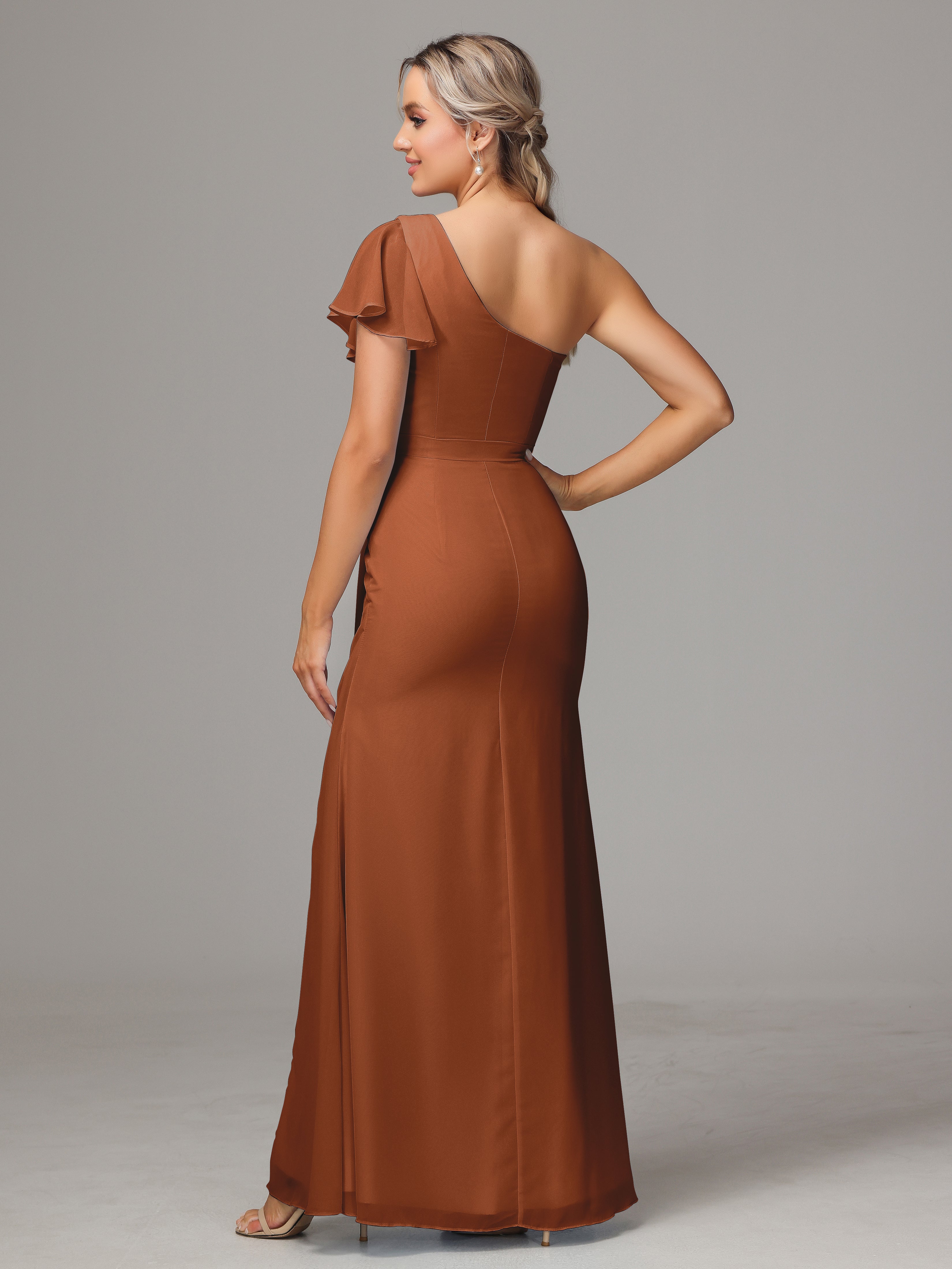 Robe Terracotta Demoiselle D Honneur Fourreau Seule Épaule Fendue Devant Mousseline Robe Demoiselle D'Honneur