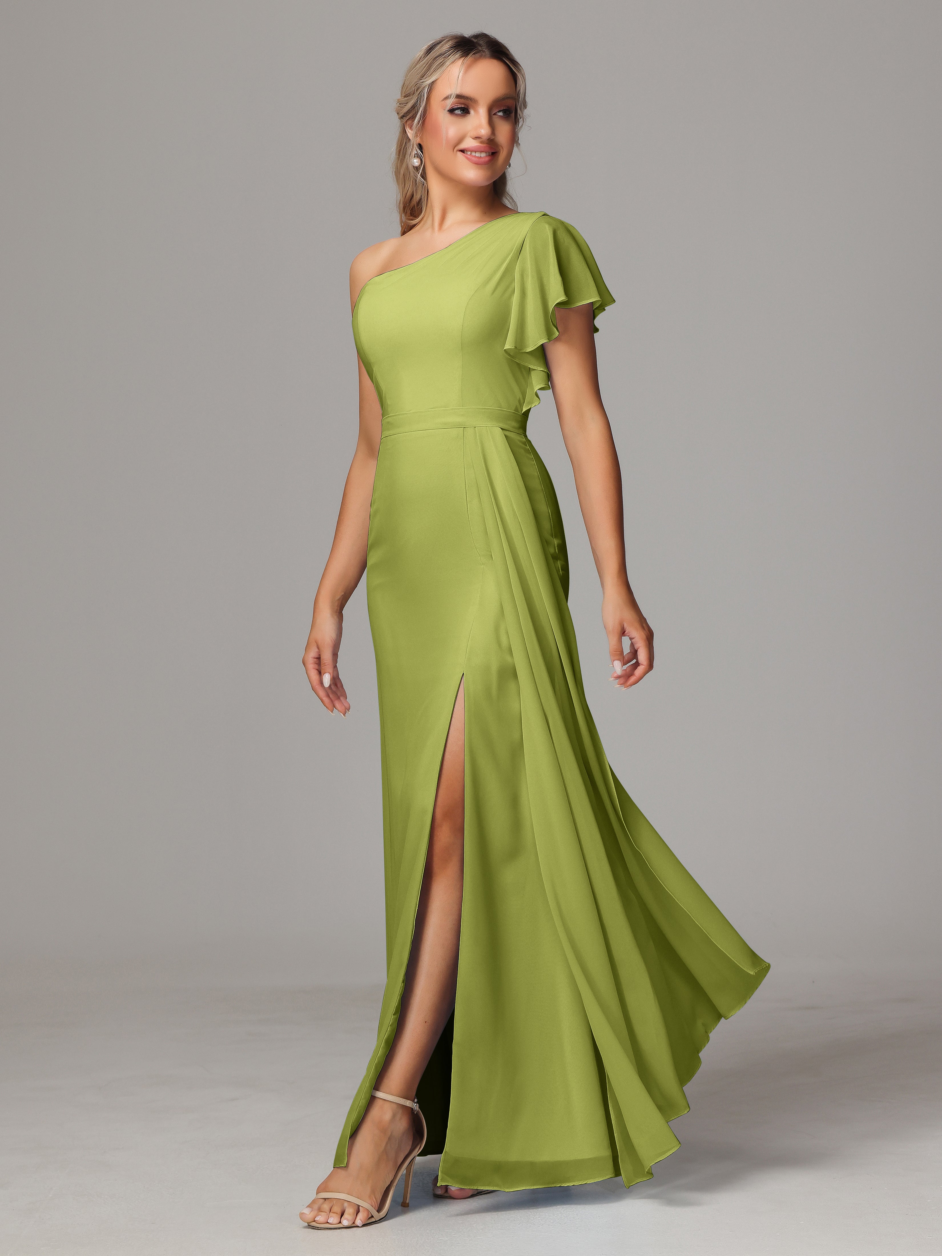 Robes De Demoiselle D'Honneur Trèfle Fourreau Seule Épaule Fendue Mousseline Robe Demoiselle D'Honneur