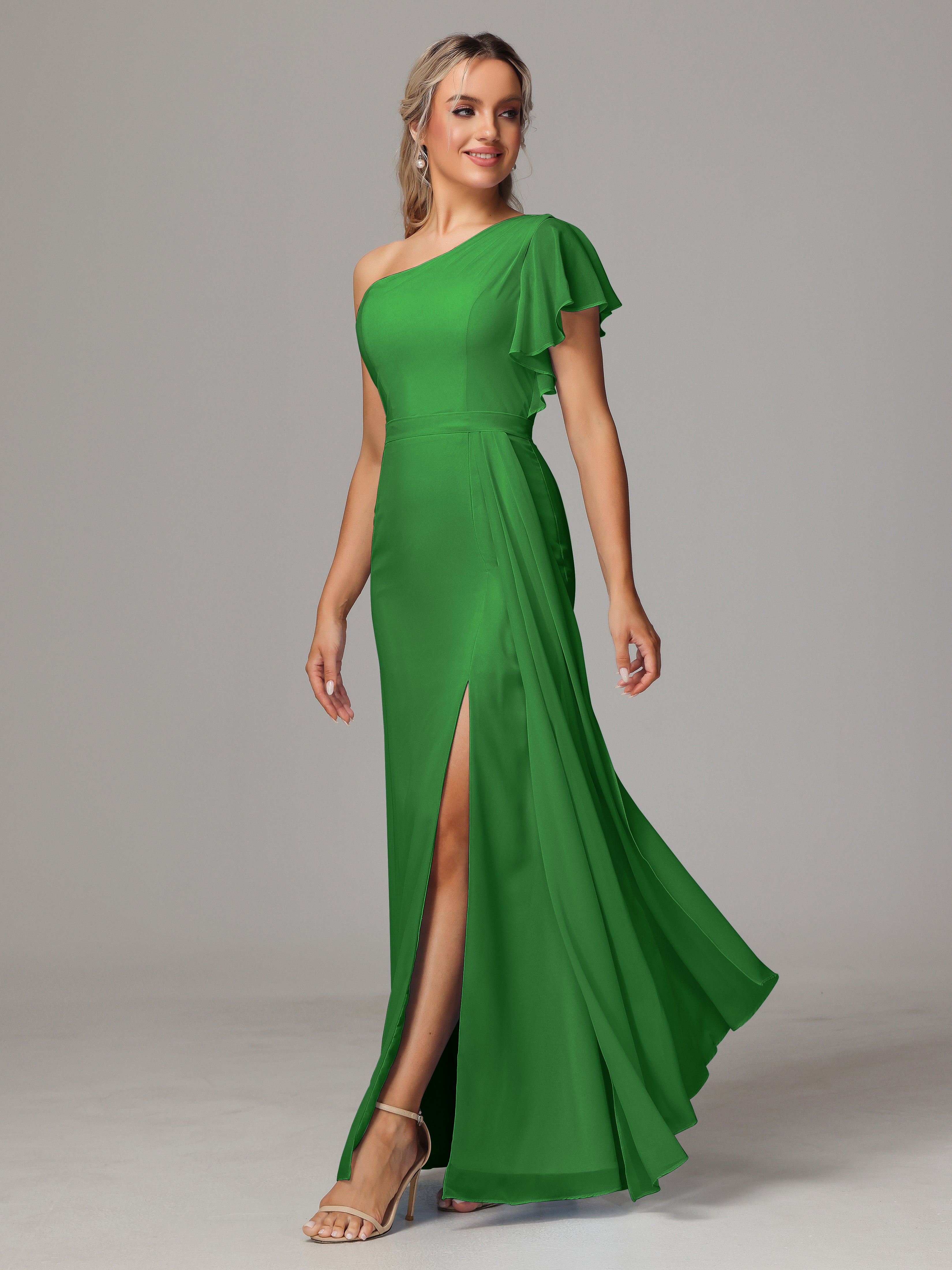 Robe Vert Demoiselle D Honneur Fourreau Seule Épaule Fendue Mousseline Robe Demoiselle D'Honneur