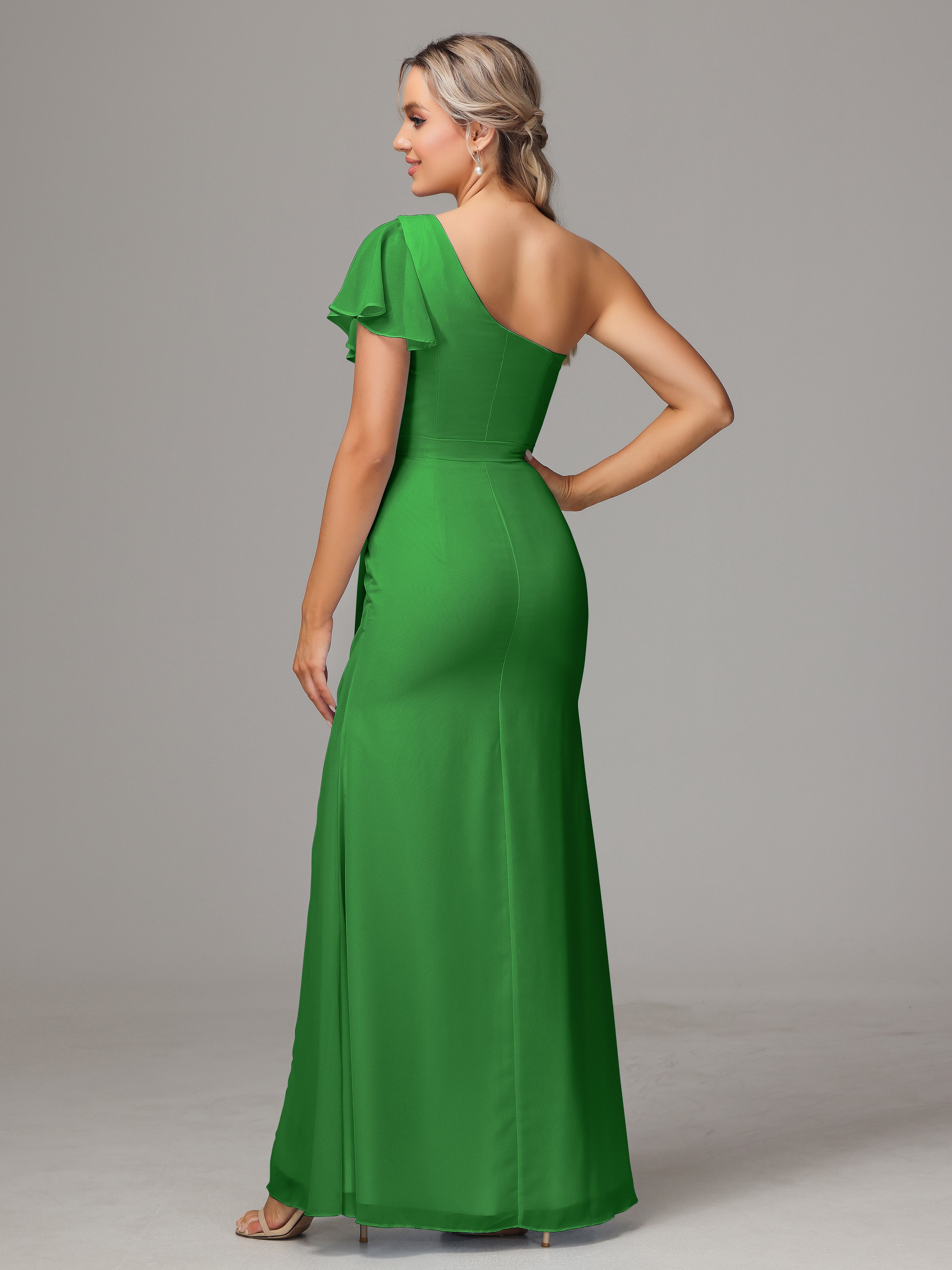 Robe Vert Demoiselle D Honneur Fourreau Seule Épaule Fendue Mousseline Robe Demoiselle D'Honneur