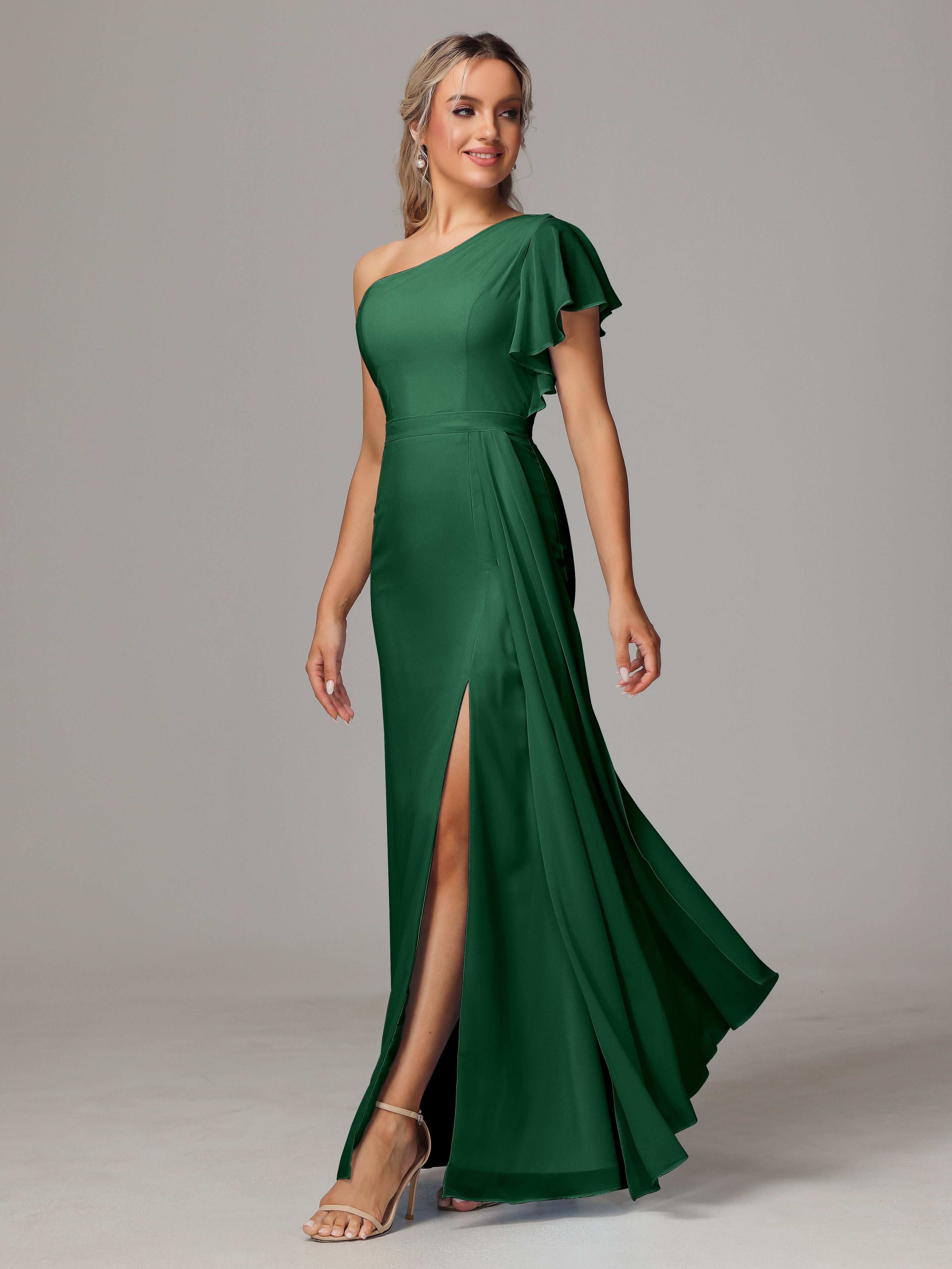Robes De Demoiselle D'Honneur Vert Foncé Fourreau Seule Épaule Fendue Mousseline Robe Demoiselle D'Honneur