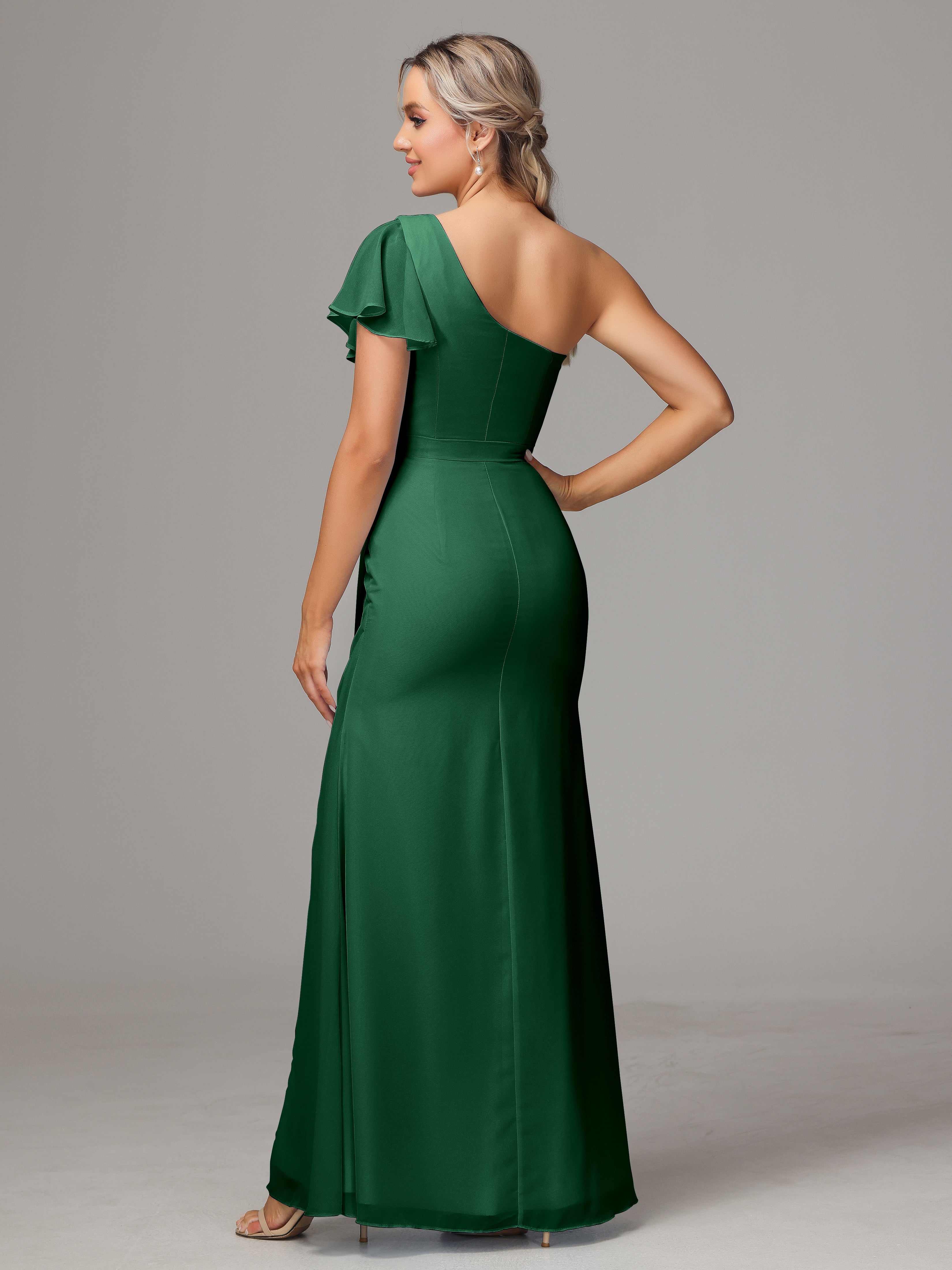 Robes De Demoiselle D'Honneur Vert Foncé Fourreau Seule Épaule Fendue Mousseline Robe Demoiselle D'Honneur