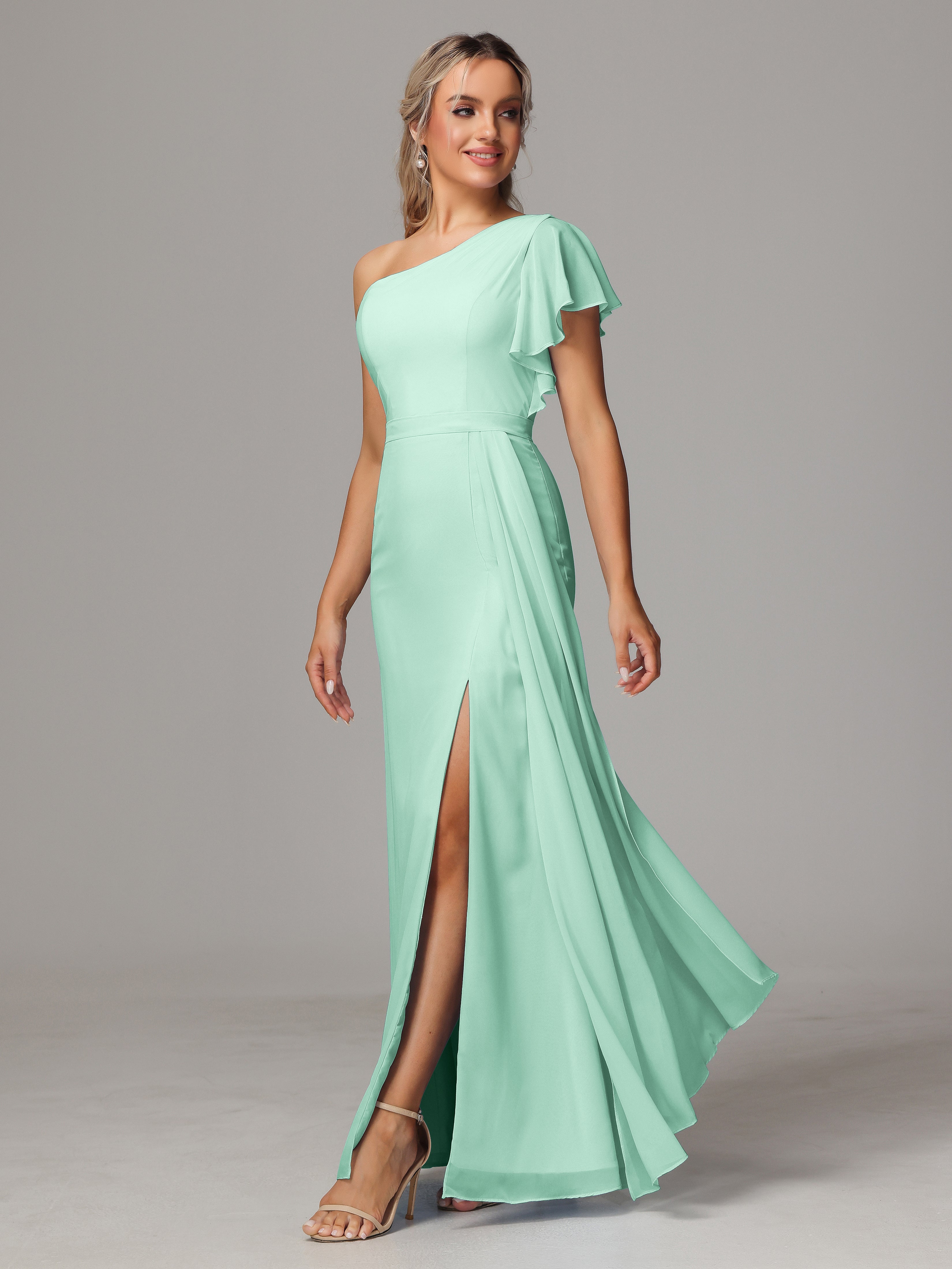 Robes De Demoiselle D'Honneur Vert Menthe Fourreau Seule Épaule Fendue Mousseline Robe Demoiselle D'Honneur