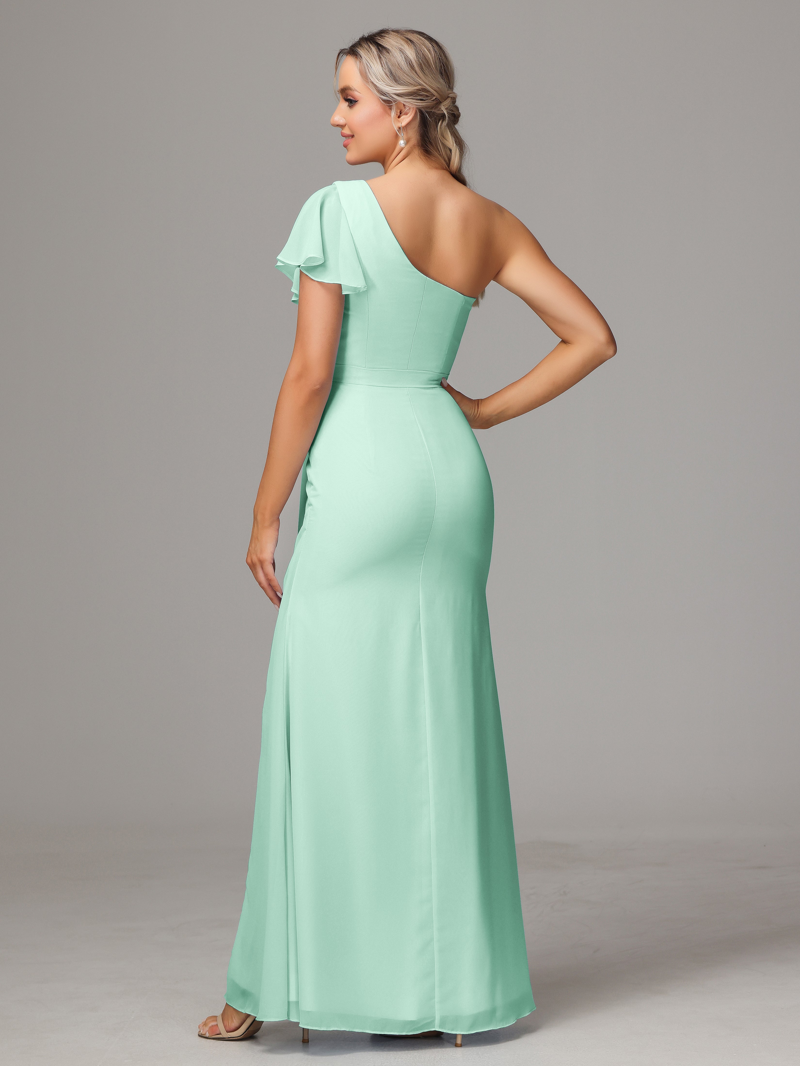 Robes De Demoiselle D'Honneur Vert Menthe Fourreau Seule Épaule Fendue Mousseline Robe Demoiselle D'Honneur