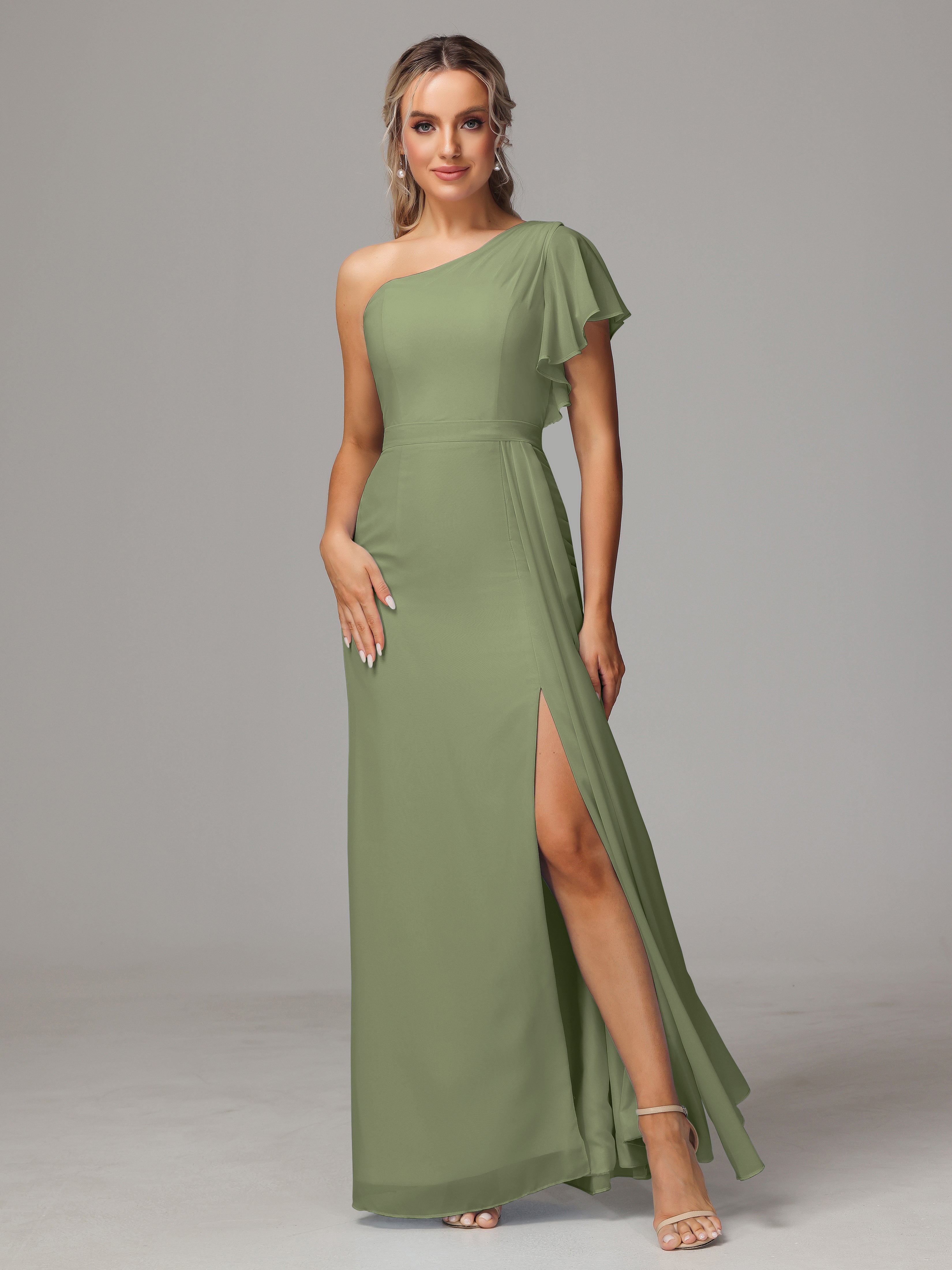 Robe Demoiselle D Honneur Vert Olive Fourreau Seule Épaule Fendue Devant Mousseline Robe Demoiselle D'Honneur