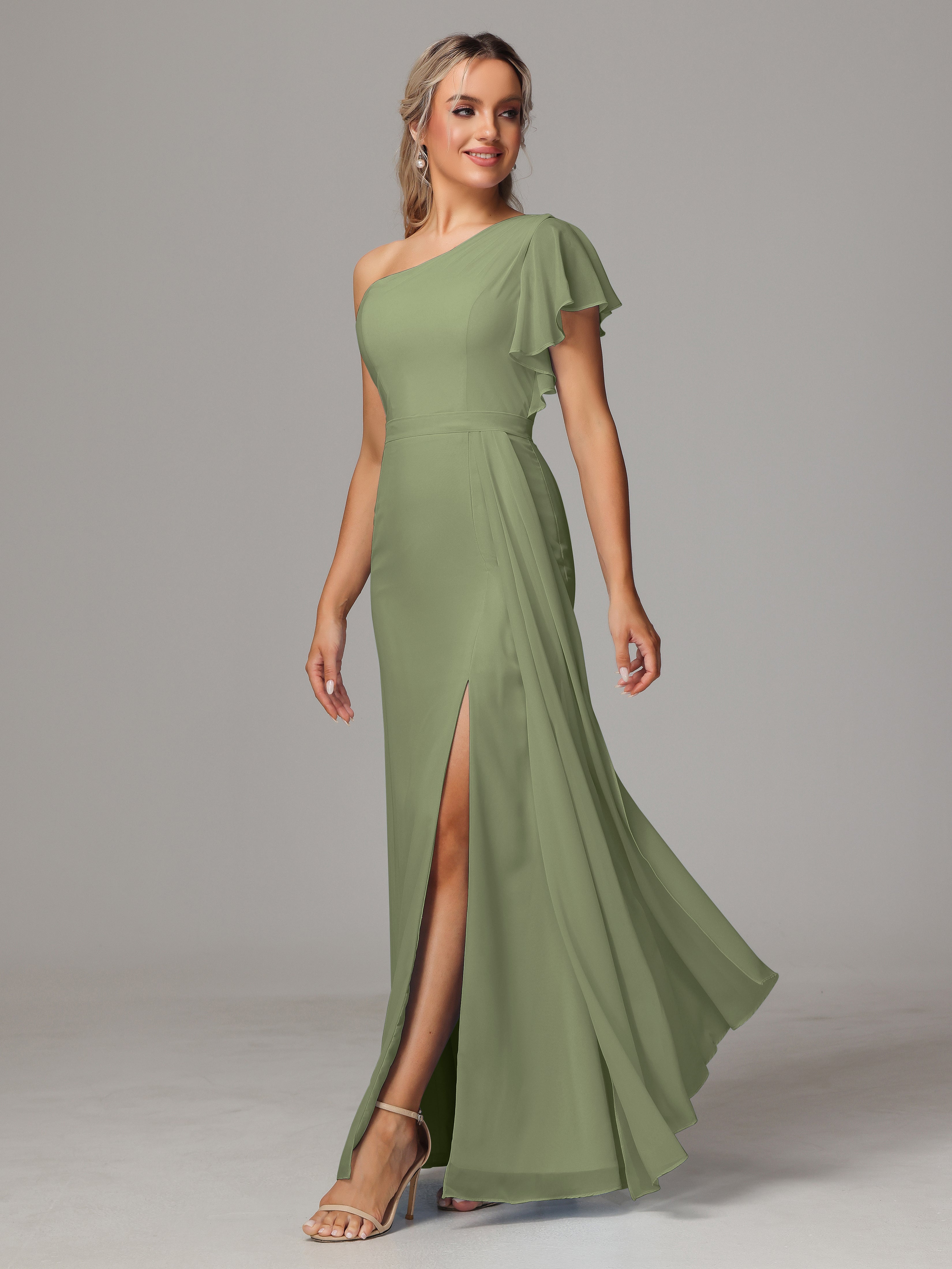 Robe Demoiselle D Honneur Vert Olive Fourreau Seule Épaule Fendue Devant Mousseline Robe Demoiselle D'Honneur