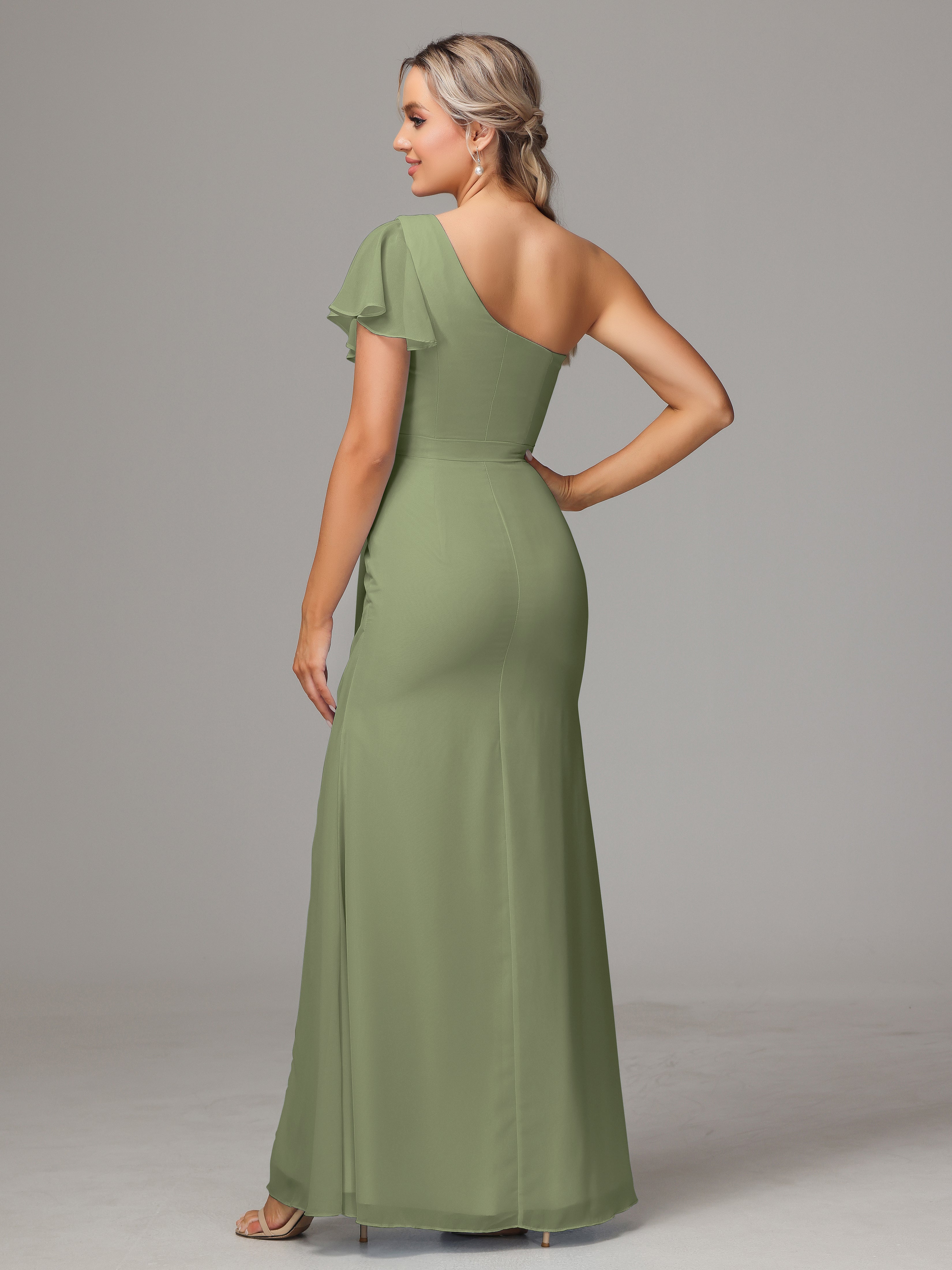 Robe Demoiselle D Honneur Vert Olive Fourreau Seule Épaule Fendue Devant Mousseline Robe Demoiselle D'Honneur