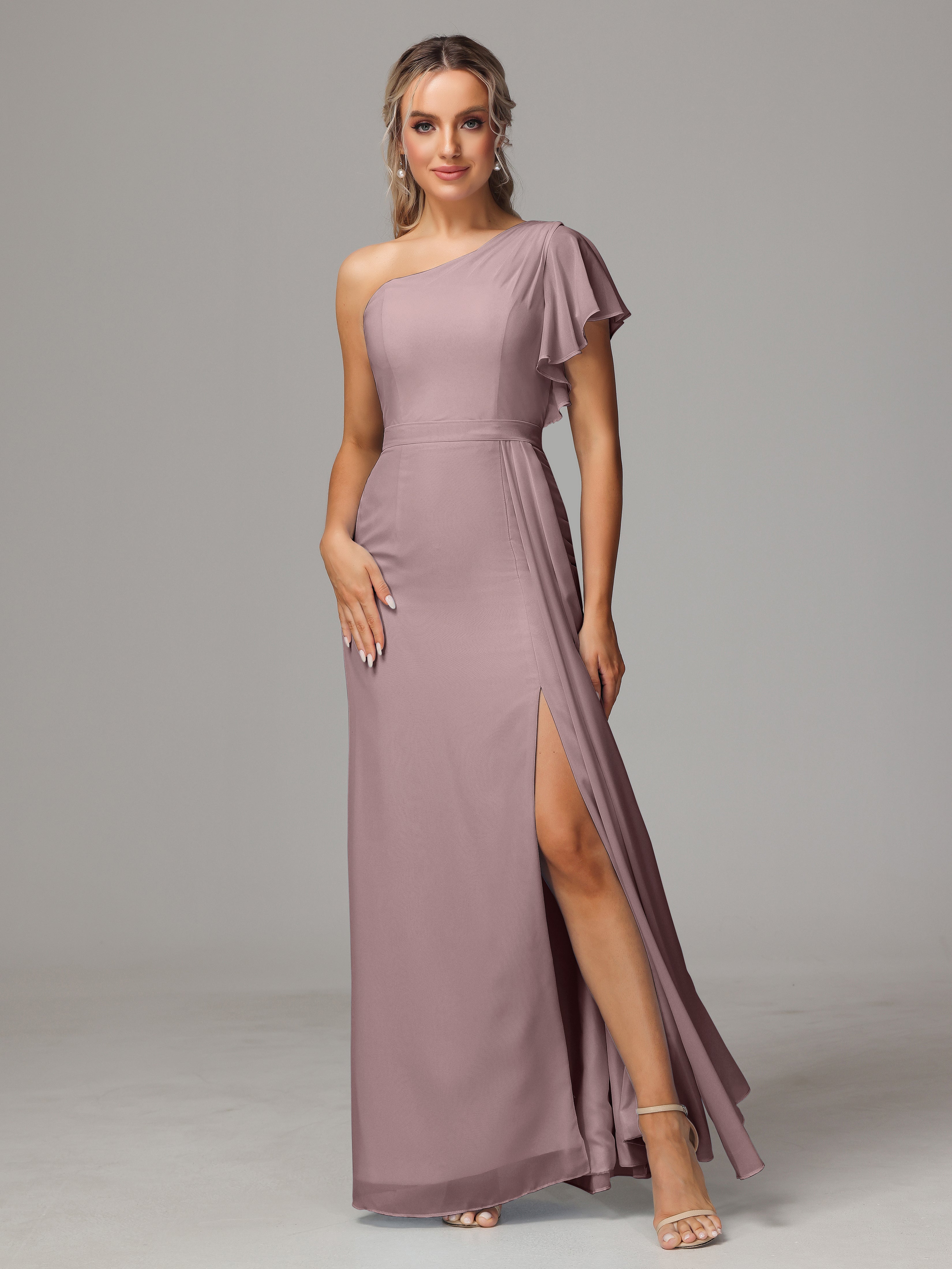 Robes De Demoiselle D'Honneur Vintage Mauve Fourreau Seule Épaule Fendue Mousseline Robe Demoiselle D'Honneur