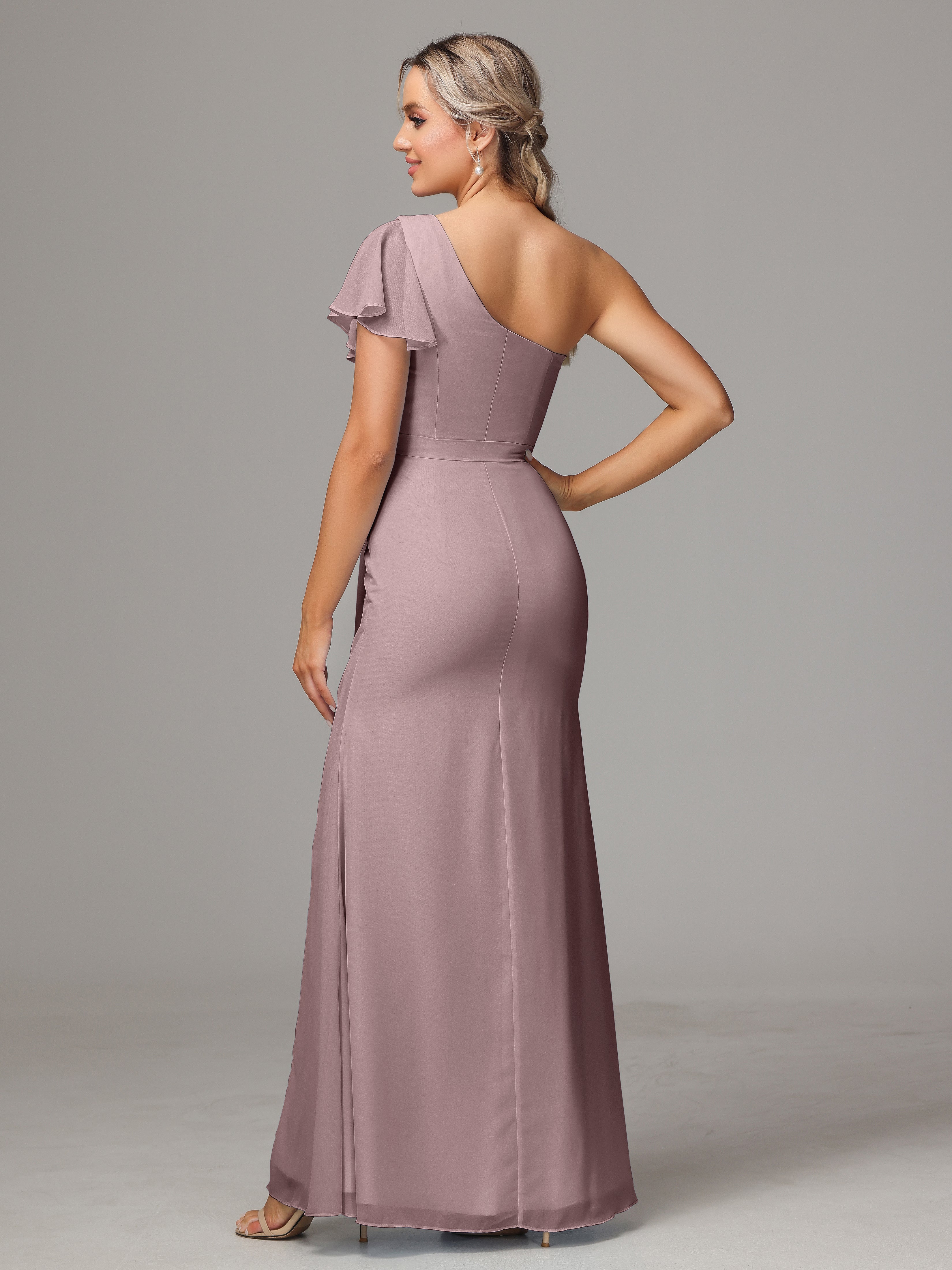 Robes De Demoiselle D'Honneur Vintage Mauve Fourreau Seule Épaule Fendue Mousseline Robe Demoiselle D'Honneur