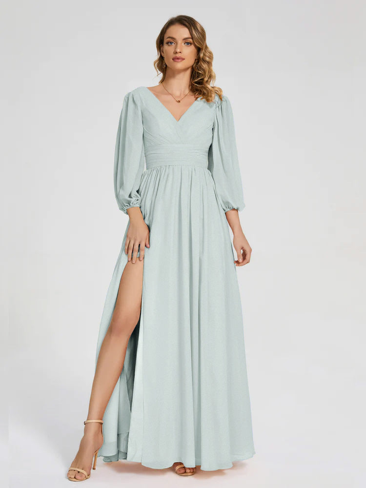Robe Demoiselle D Honneur Vert Celadon Manches Longues Dos Nu Mousseline Robes Demoiselle D'Honneur