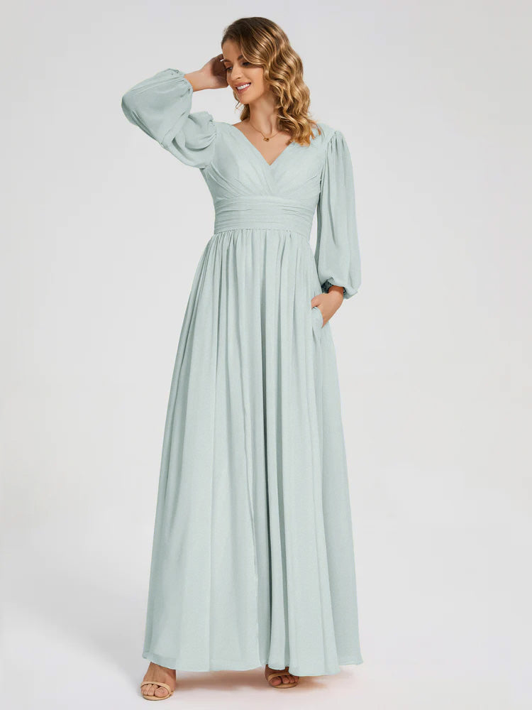 Robe Demoiselle D Honneur Vert Celadon Manches Longues Dos Nu Mousseline Robes Demoiselle D'Honneur