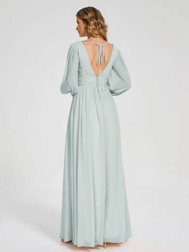 Robe Demoiselle D Honneur Vert Celadon Manches Longues Dos Nu Mousseline Robes Demoiselle D'Honneur