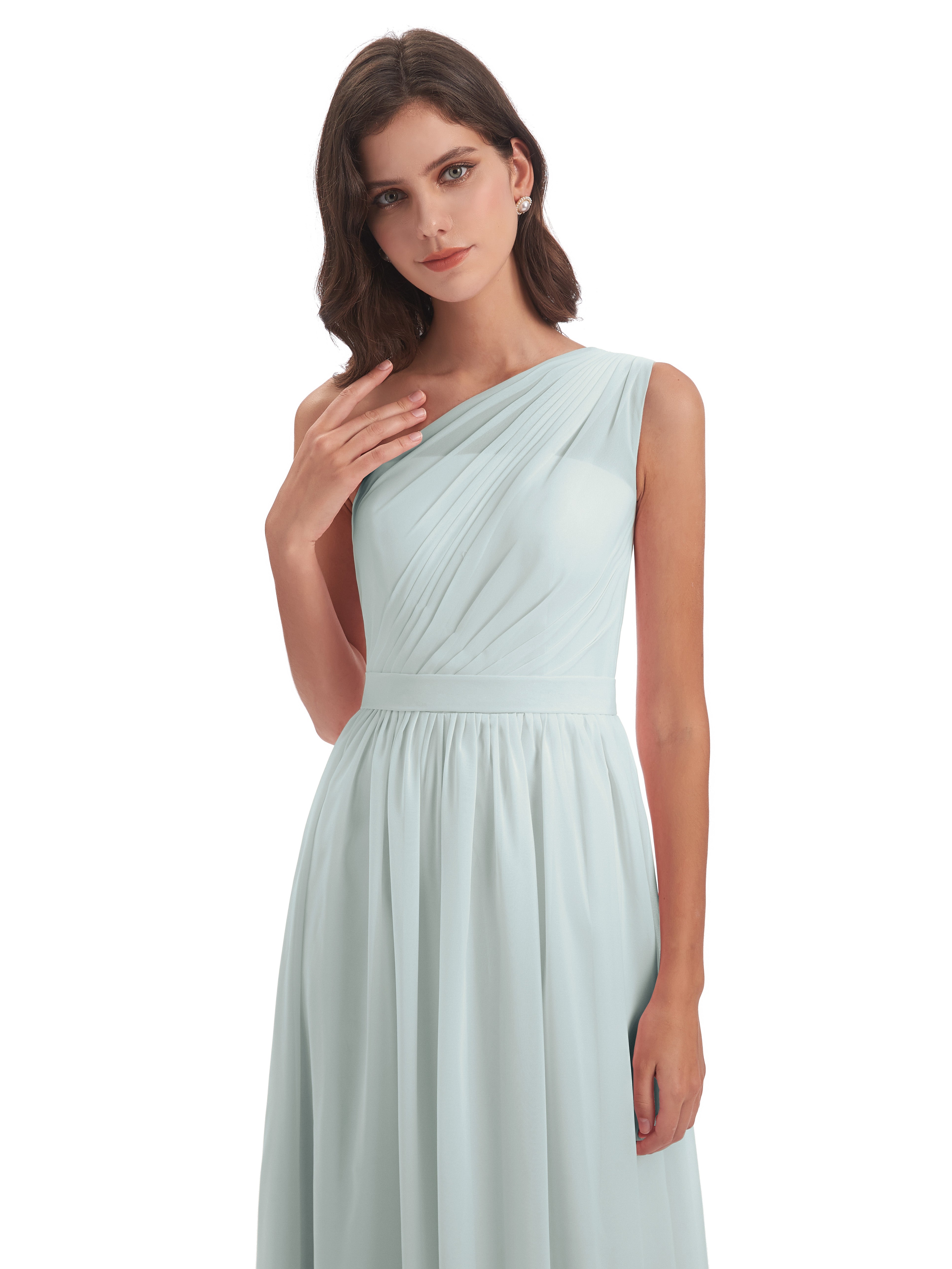Robe Demoiselle D Honneur Vert Celadon A-ligne Seule-Épaule Mousseline Robes Demoiselle D'Honneur