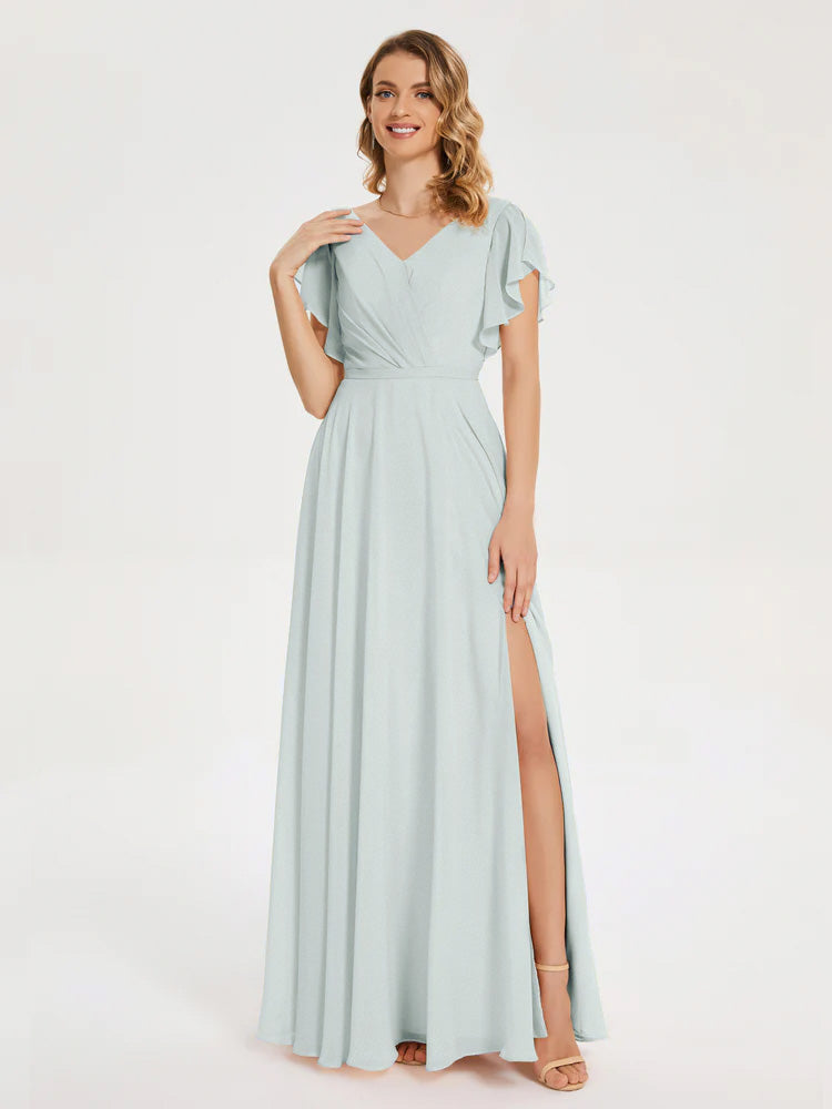 Robe Demoiselle D Honneur Celadon Col V Fendue Mousseline Robes Demoiselle D'Honneur À Volants